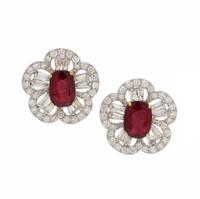 Burmese Ruby and Diamond Flower Earrings