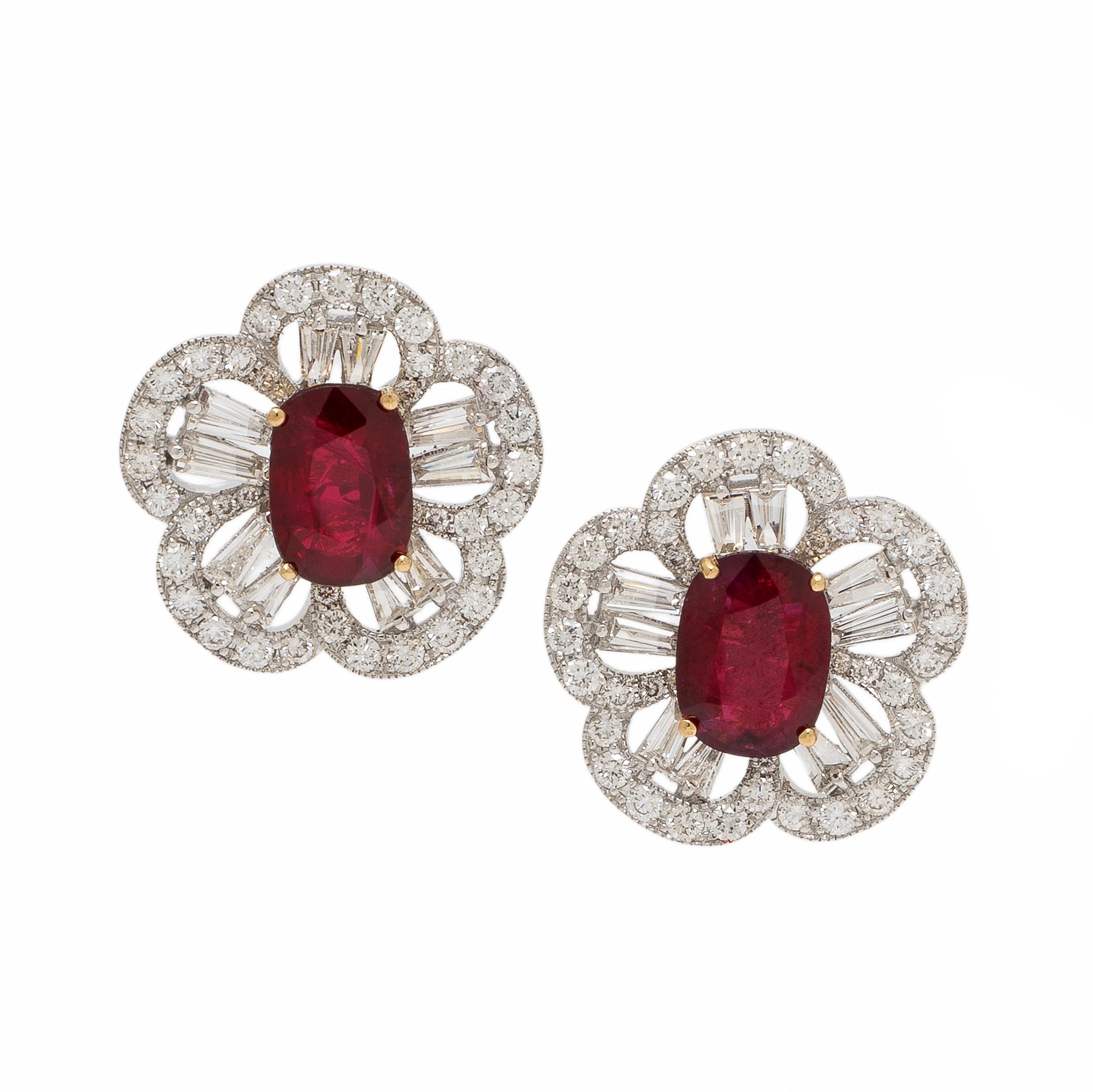Burmese Ruby and Diamond Flower Earrings
