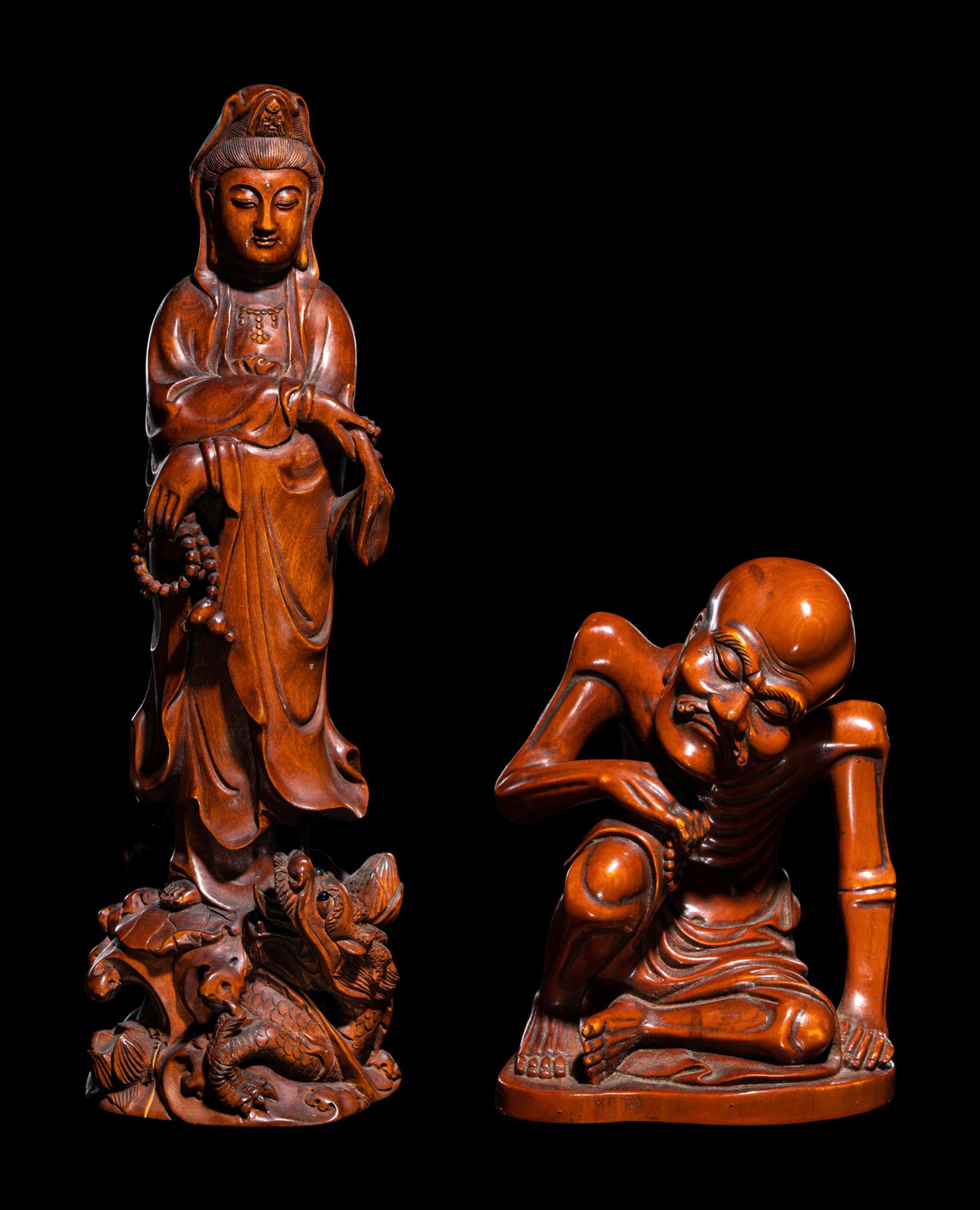 Three Chinese Carved Boxwood Figures