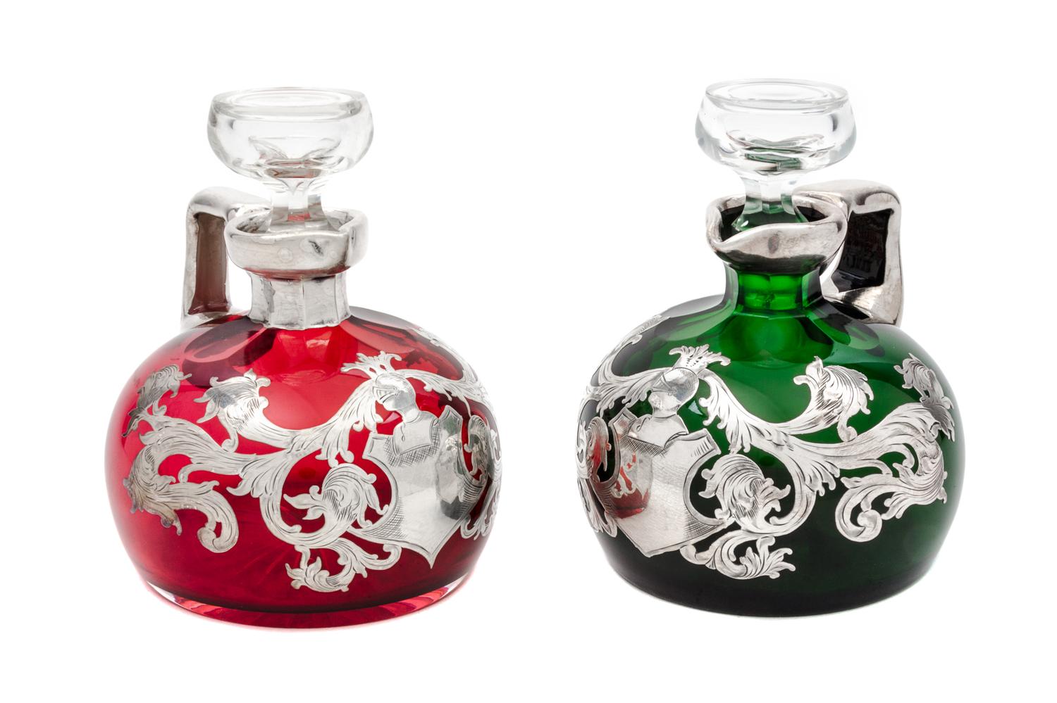 Two Silver Overlay Glass Decanters Height 6 1/2 inches.