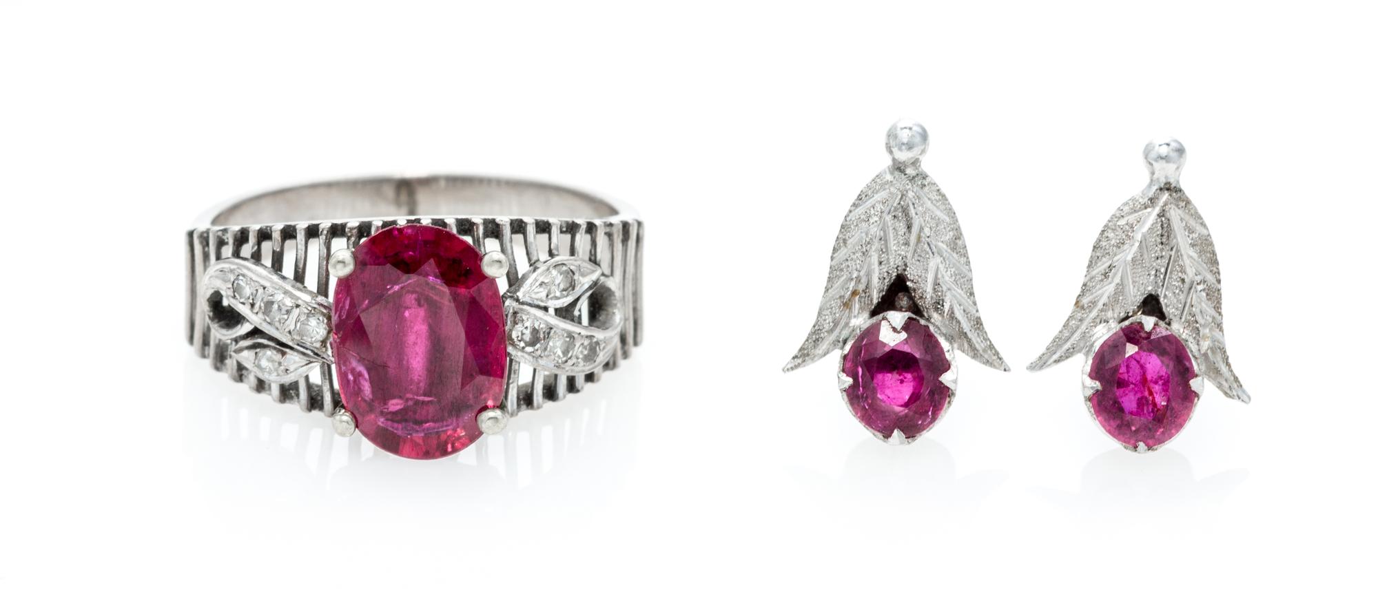 A Collection of White Gold, Ruby, and Diamond Jewelry, 7.80 dwts.