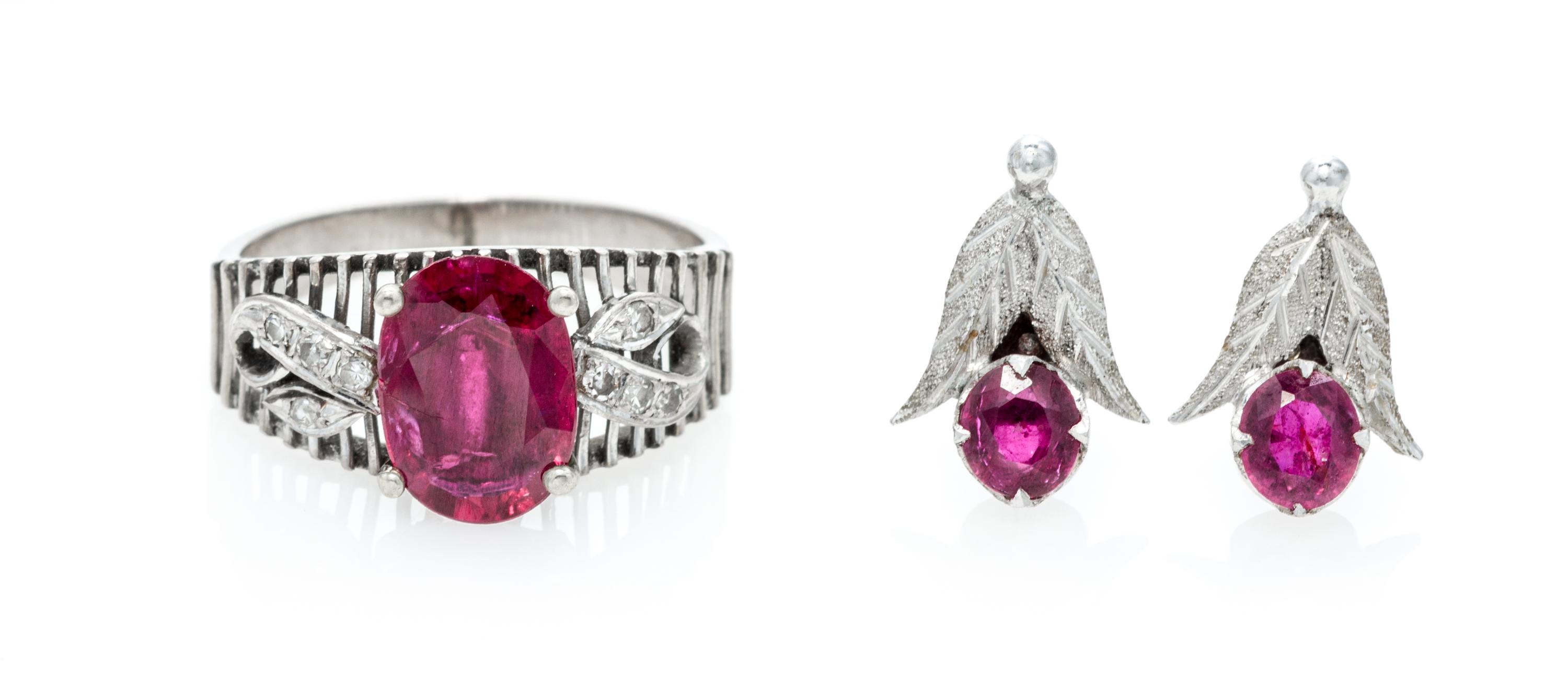 A Collection of White Gold, Ruby, and Diamond Jewelry, 7.80 dwts.