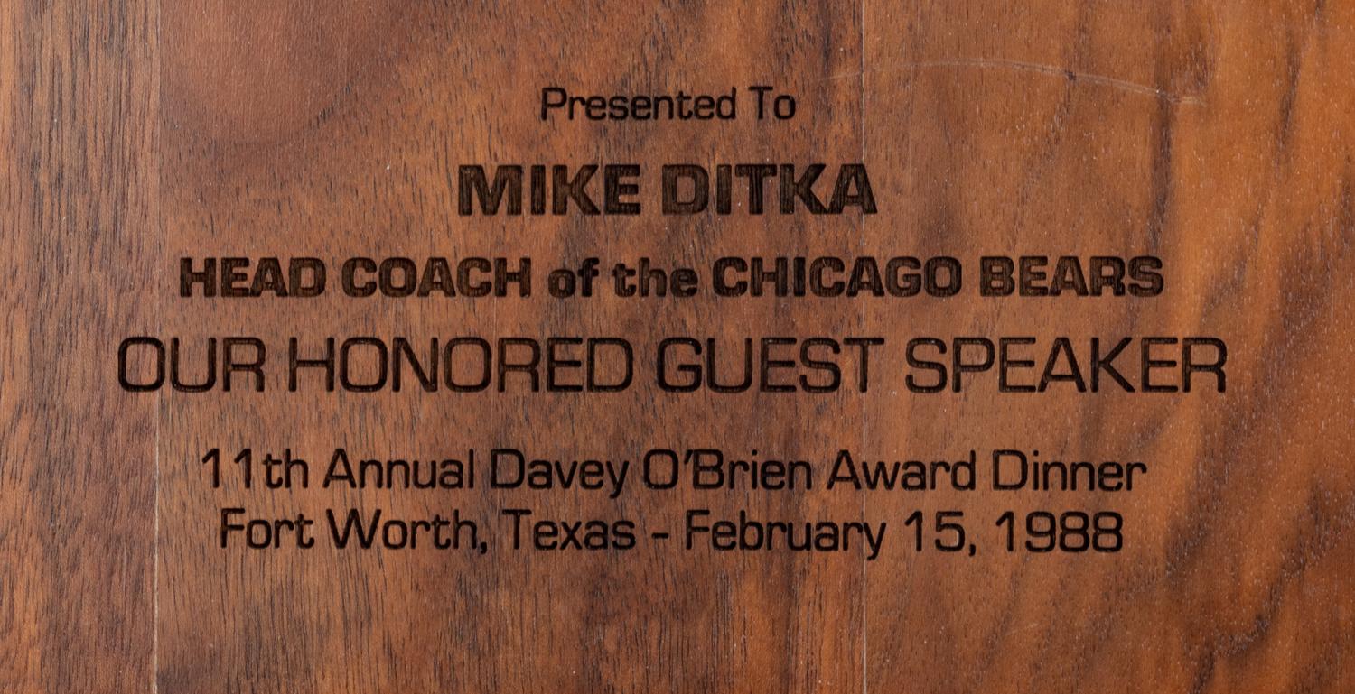 A 1988 Davey O'Brien Award Dinner Plaque Presented to Mike Ditka Formerly Displayed at Mike Ditka's Restaurant