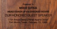 A 1988 Davey O'Brien Award Dinner Plaque Presented to Mike Ditka Formerly Displayed at Mike Ditka's Restaurant