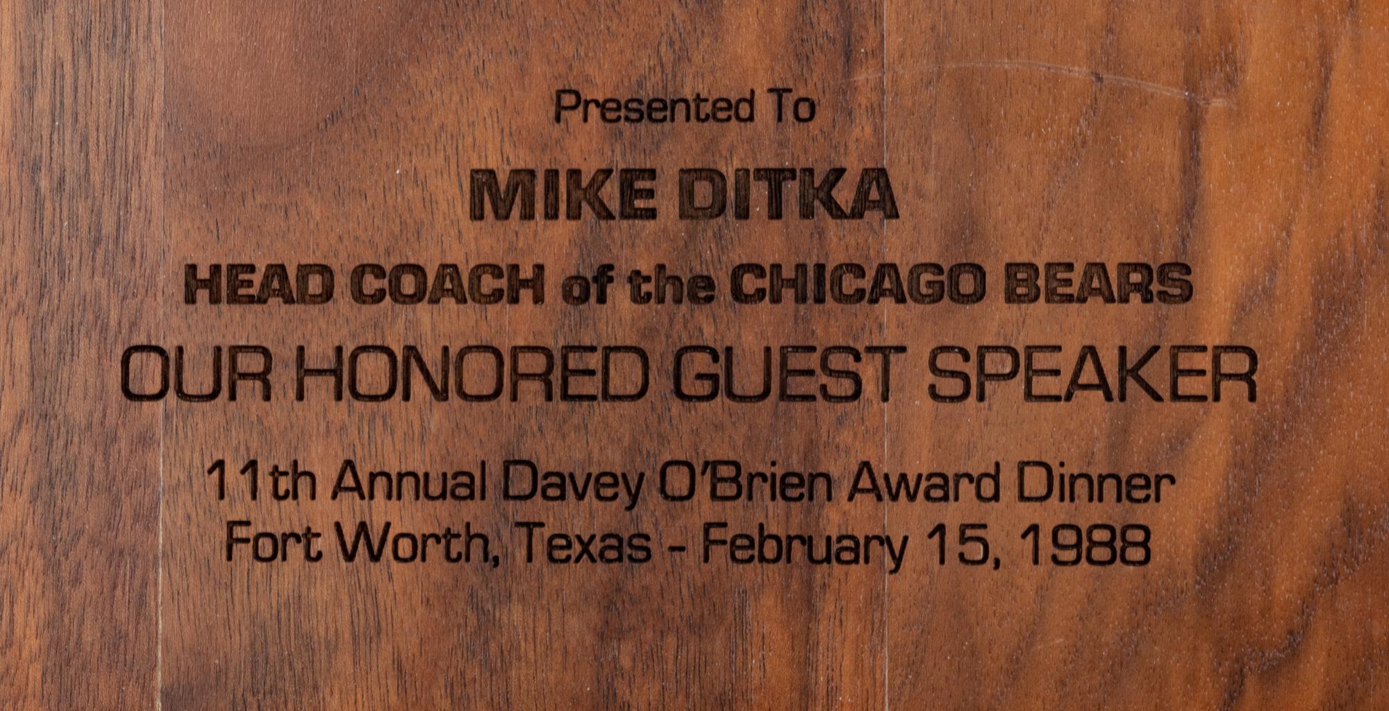 A 1988 Davey O'Brien Award Dinner Plaque Presented to Mike Ditka Formerly Displayed at Mike Ditka's Restaurant