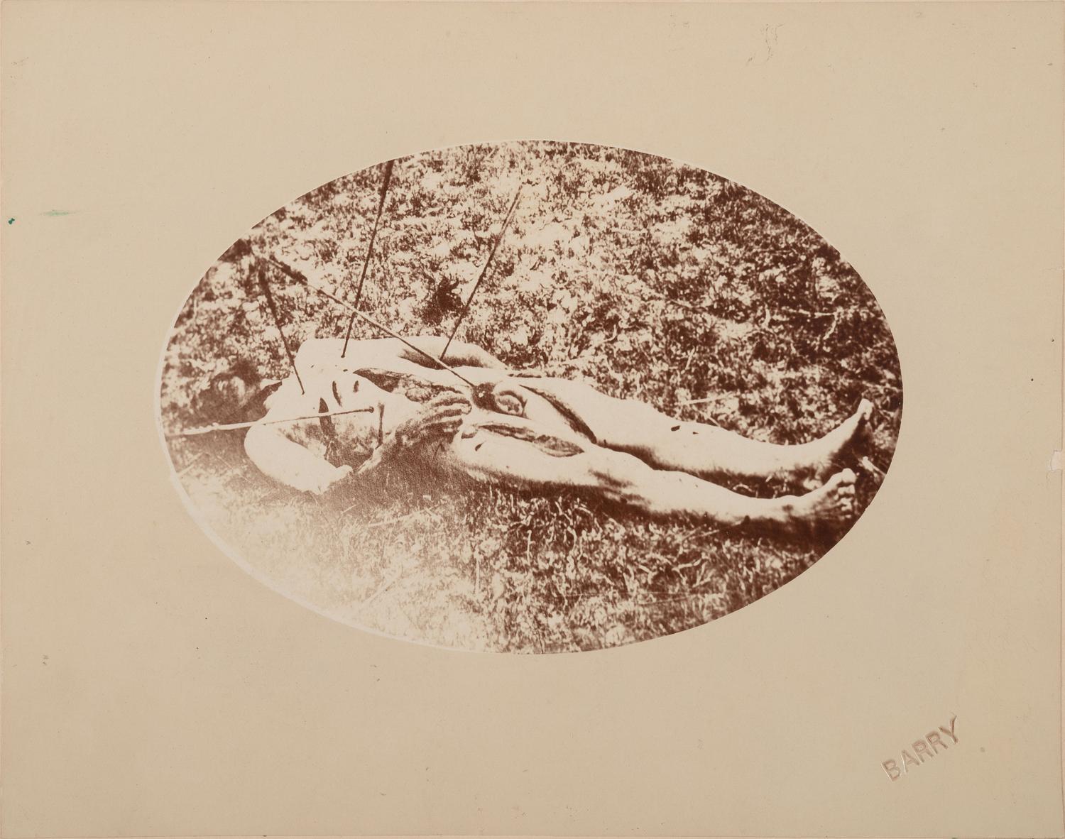 [7TH US CAVALRY]. BARRY, David F. (1854-1934), printer. Postmortem photograph of Sergeant Frederick Wyllyams, killed by the Sioux in June 1867.