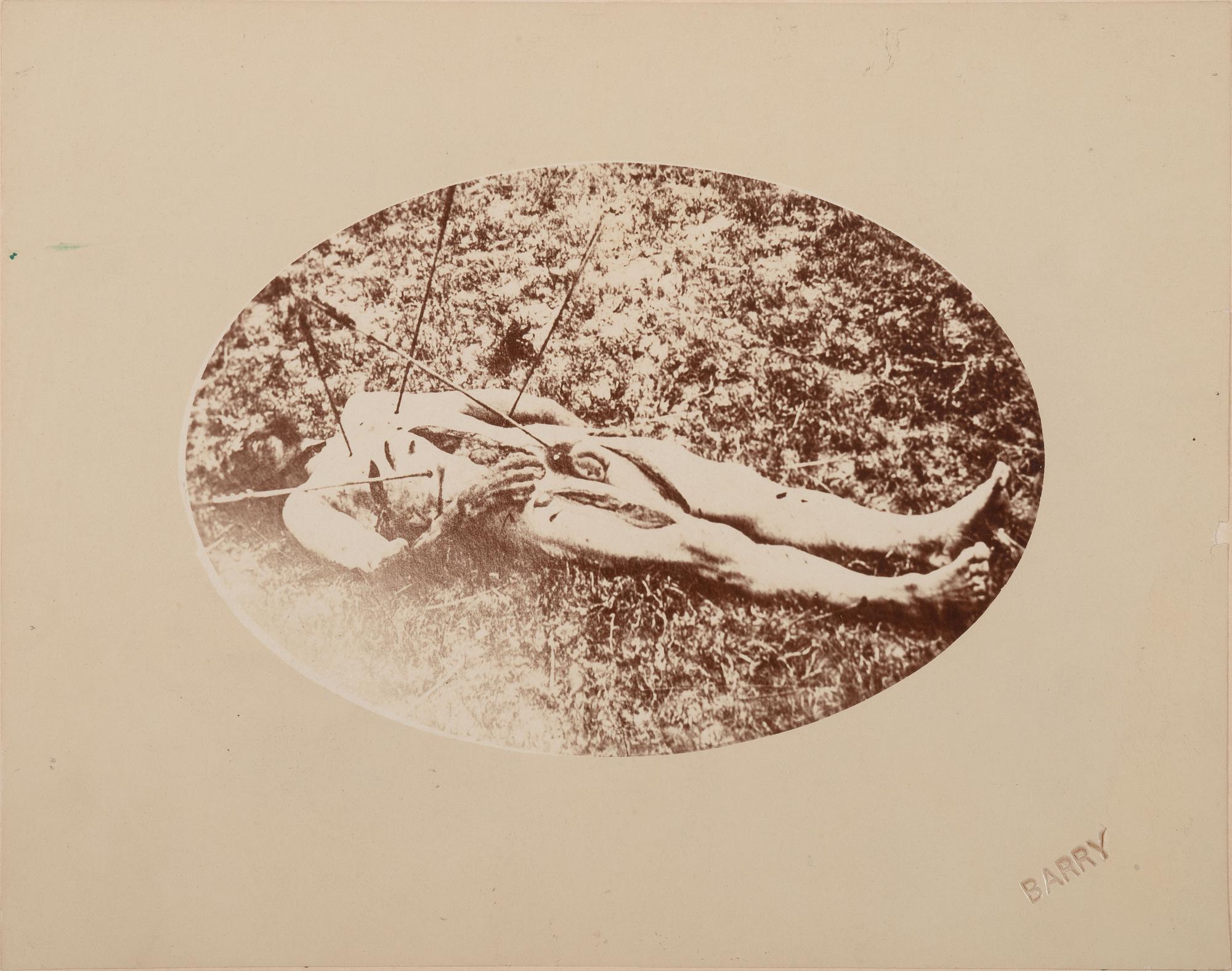[7TH US CAVALRY]. BARRY, David F. (1854-1934), printer. Postmortem photograph of Sergeant Frederick Wyllyams, killed by the Sioux in June 1867.