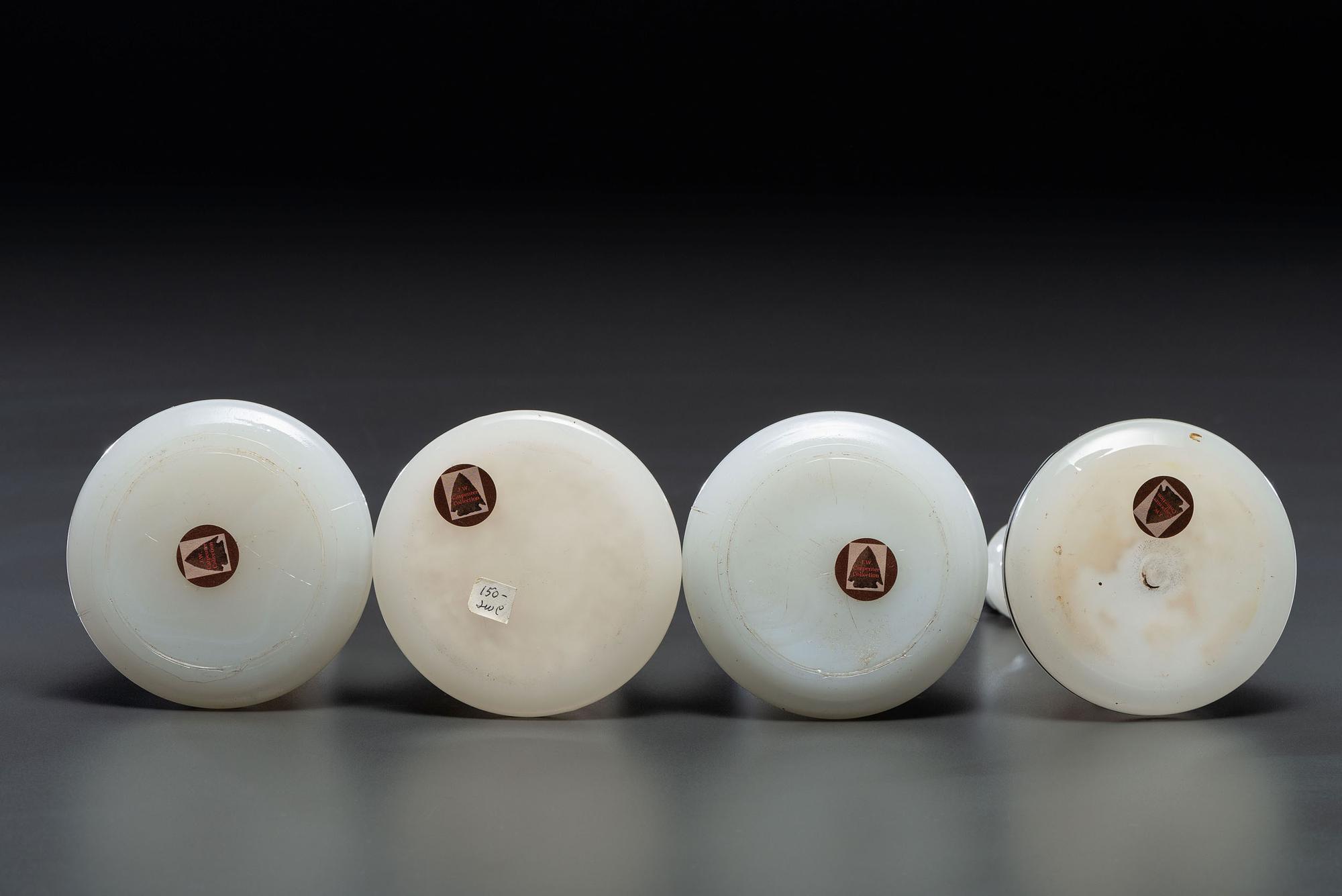 Four Milk Glass Barber Bottles with Ceramic Stoppers