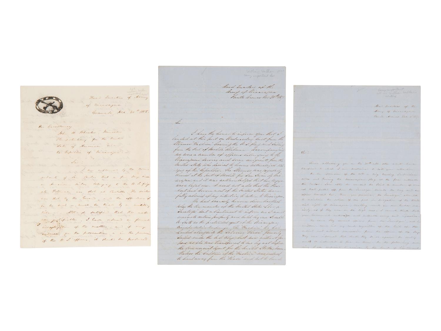 [FILIBUSTERS]. PAULDING, Rear Admiral Hiram (1797-1878) and WALKER, William (1824-1860). Correspondence associated with the Home Squadron, the Walker Expedition, and Vanderbilt's Accessory Transit Company, incl. William Walker ALsS, 1855-1858.