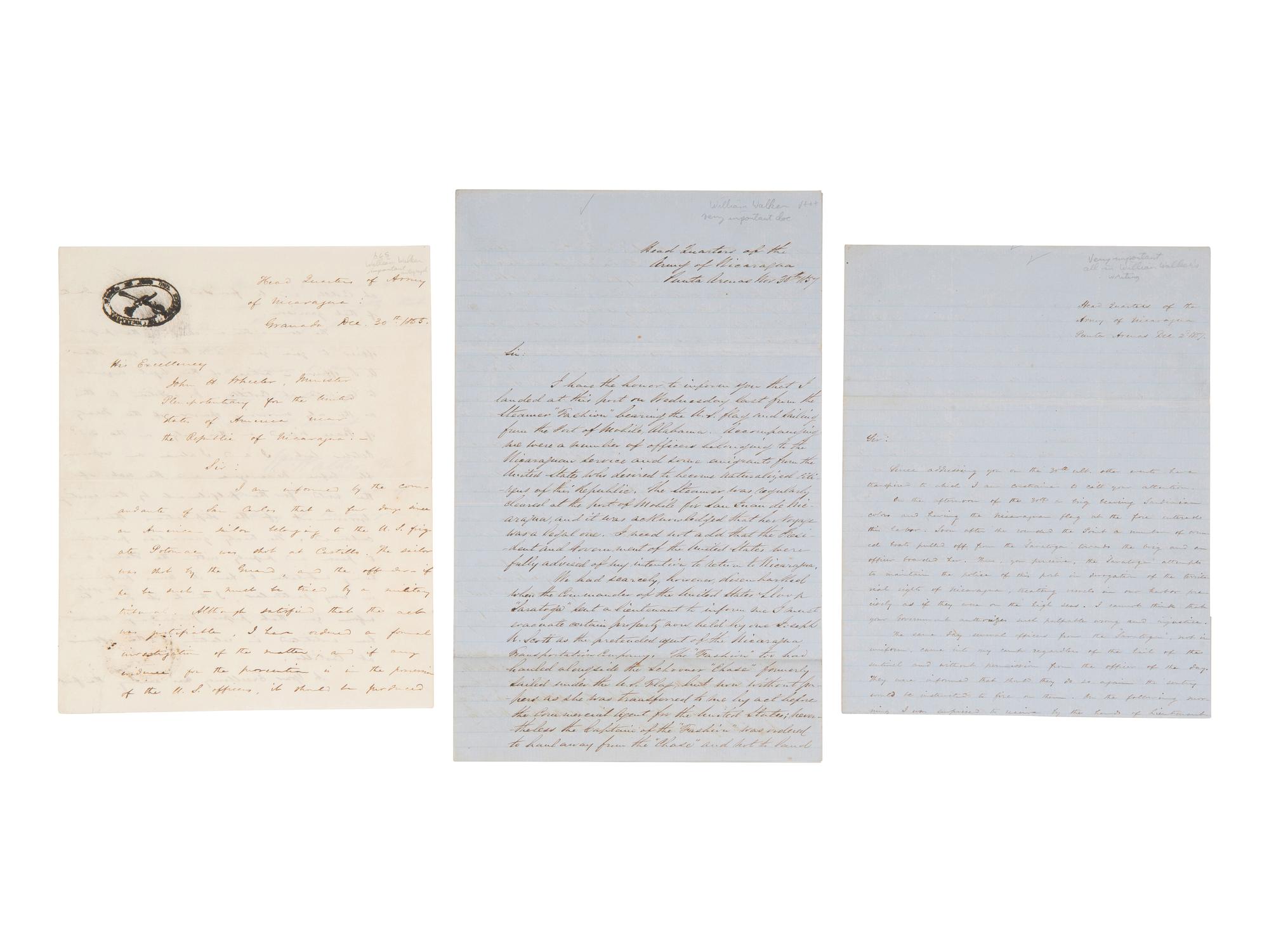 [FILIBUSTERS]. PAULDING, Rear Admiral Hiram (1797-1878) and WALKER, William (1824-1860). Correspondence associated with the Home Squadron, the Walker Expedition, and Vanderbilt's Accessory Transit Company, incl. William Walker ALsS, 1855-1858.
