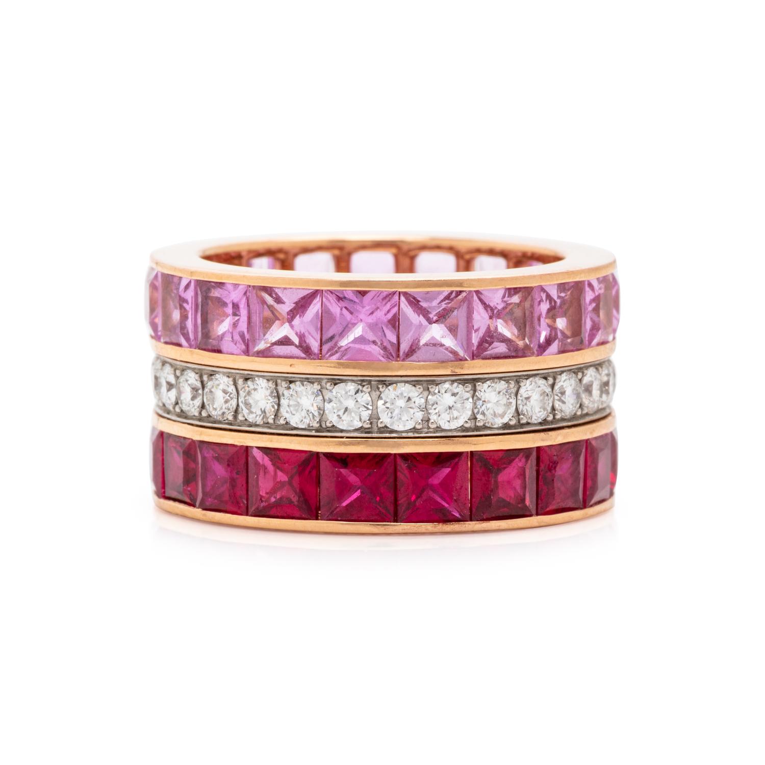Robert Procop, Pink Sapphire, Diamond, Ruby, and Rose Gold Eternity Ring