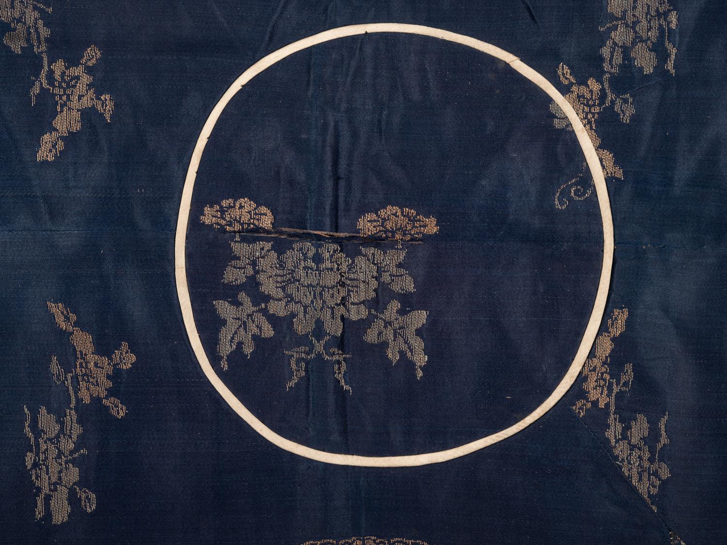 Two Chinese Blue Ground Embroidered Silk Panels