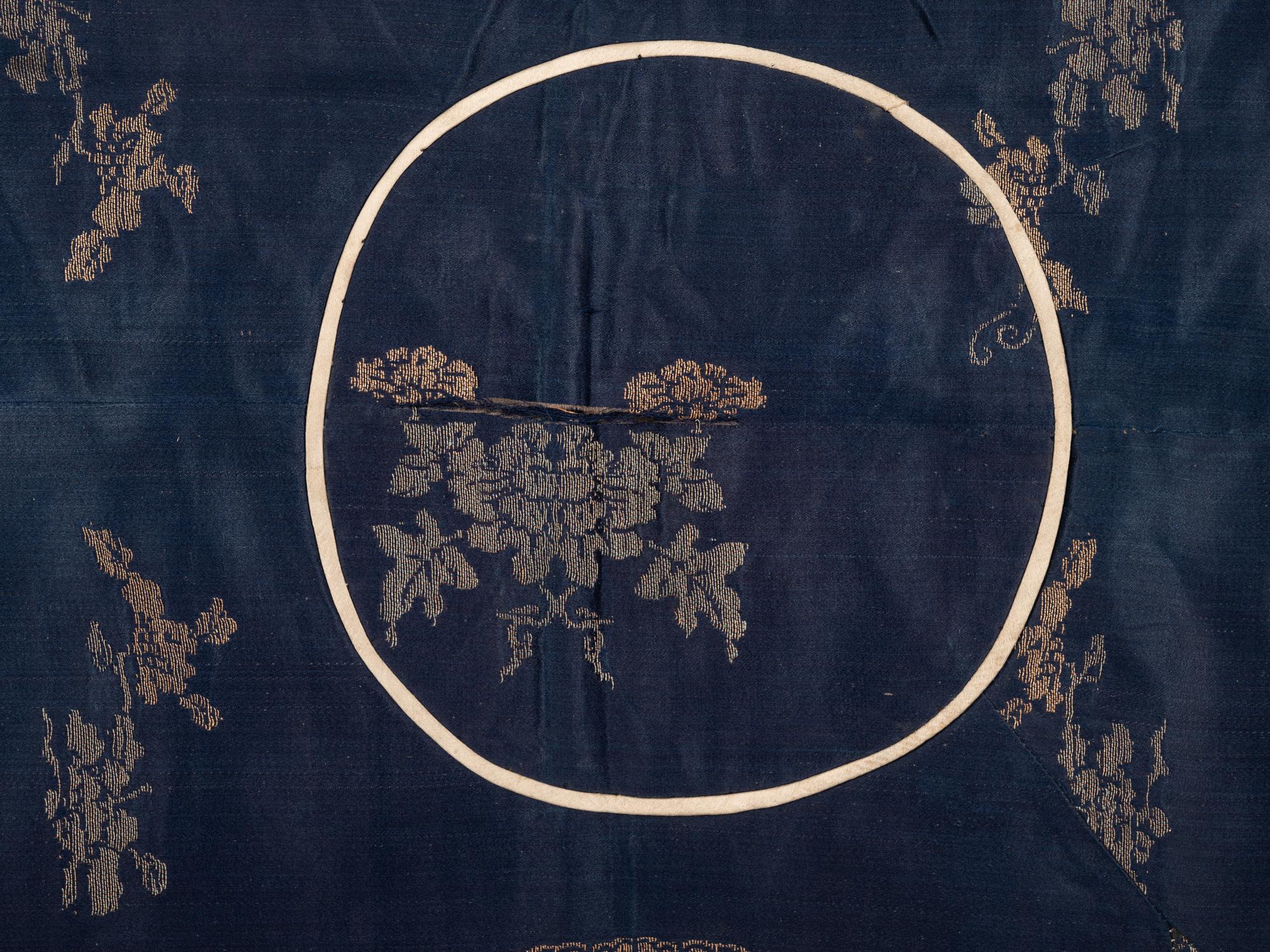 Two Chinese Blue Ground Embroidered Silk Panels