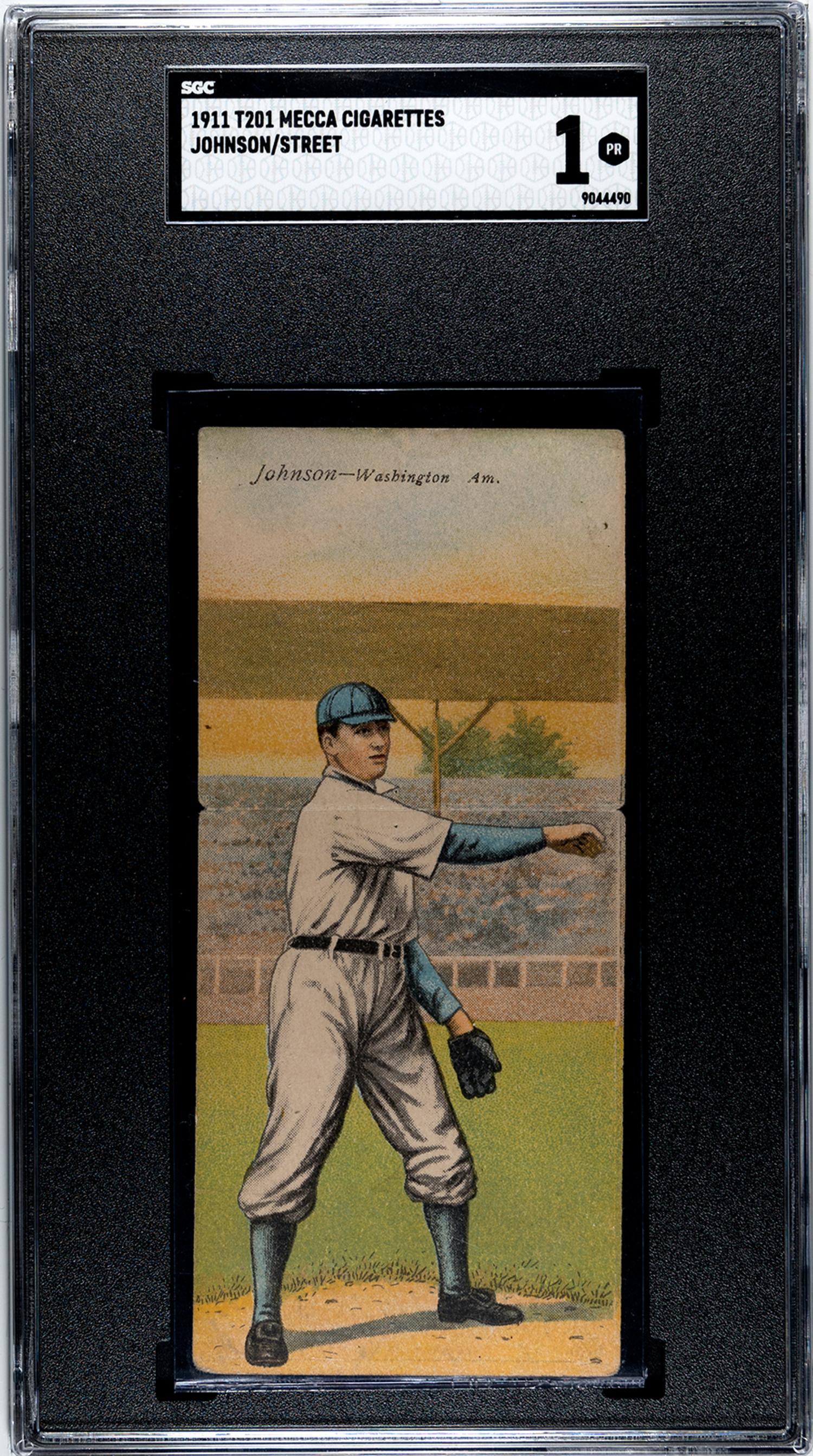 A 1911 Mecca Cigarettes T201 Walter Johnson / Street Double Folder Baseball Card (SGC 1)