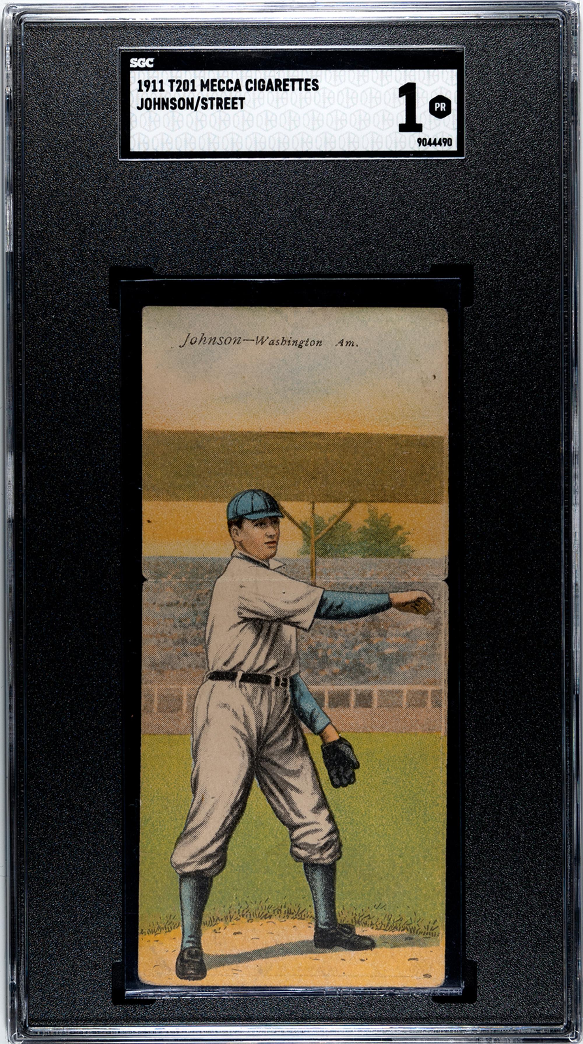 A 1911 Mecca Cigarettes T201 Walter Johnson / Street Double Folder Baseball Card (SGC 1)