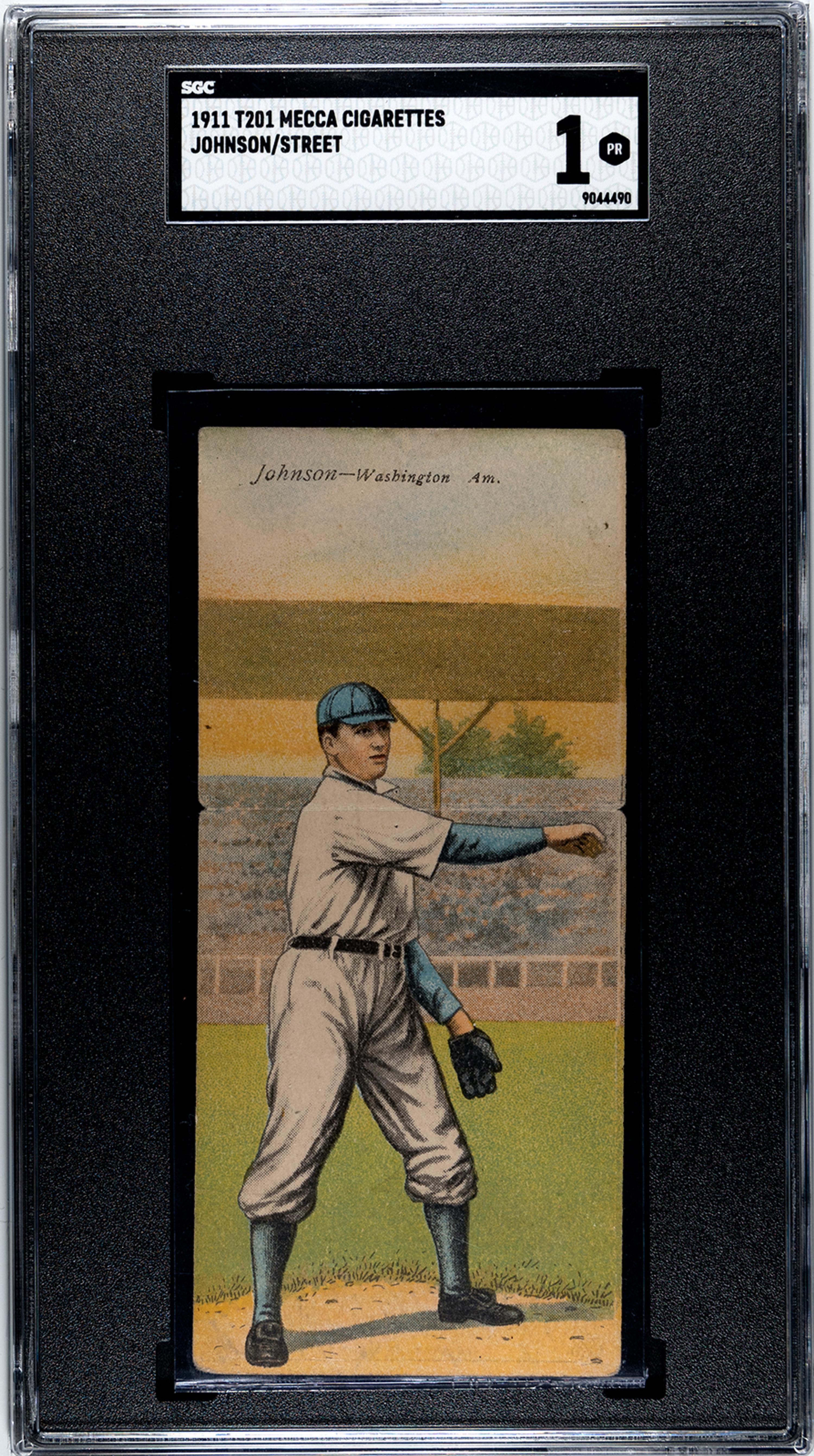A 1911 Mecca Cigarettes T201 Walter Johnson / Street Double Folder Baseball Card (SGC 1)