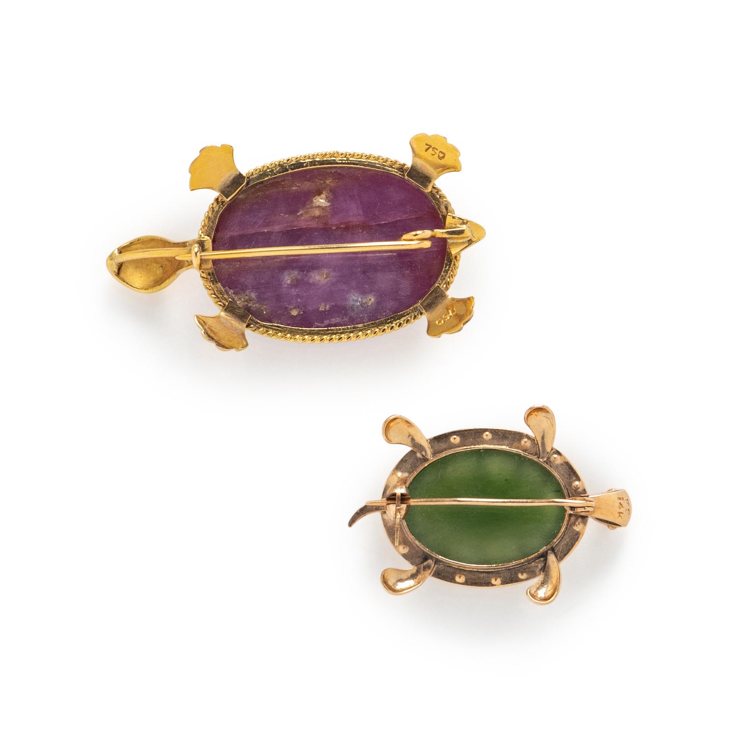 TWO GOLD AND GEMSTONE TURTLE BROOCHES
