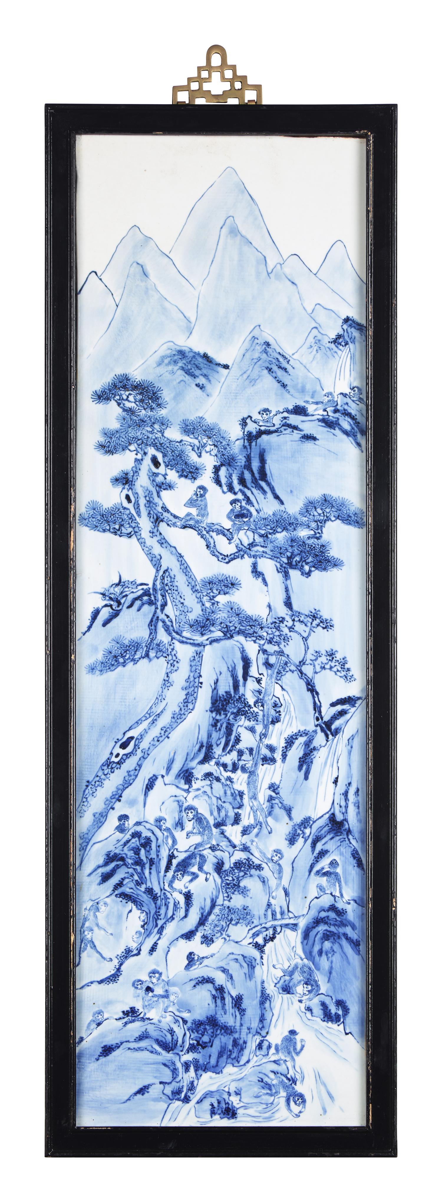 A Set of Four Chinese Blue and White Porcelain Wall Plaques 青花山水圖四條屏