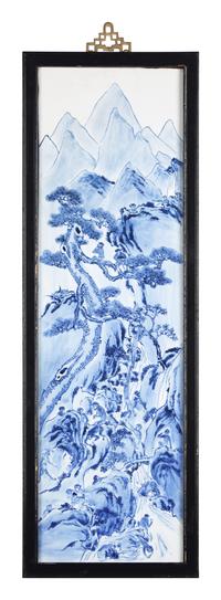 A Set of Four Chinese Blue and White Porcelain Wall Plaques 青花山水圖四條屏
