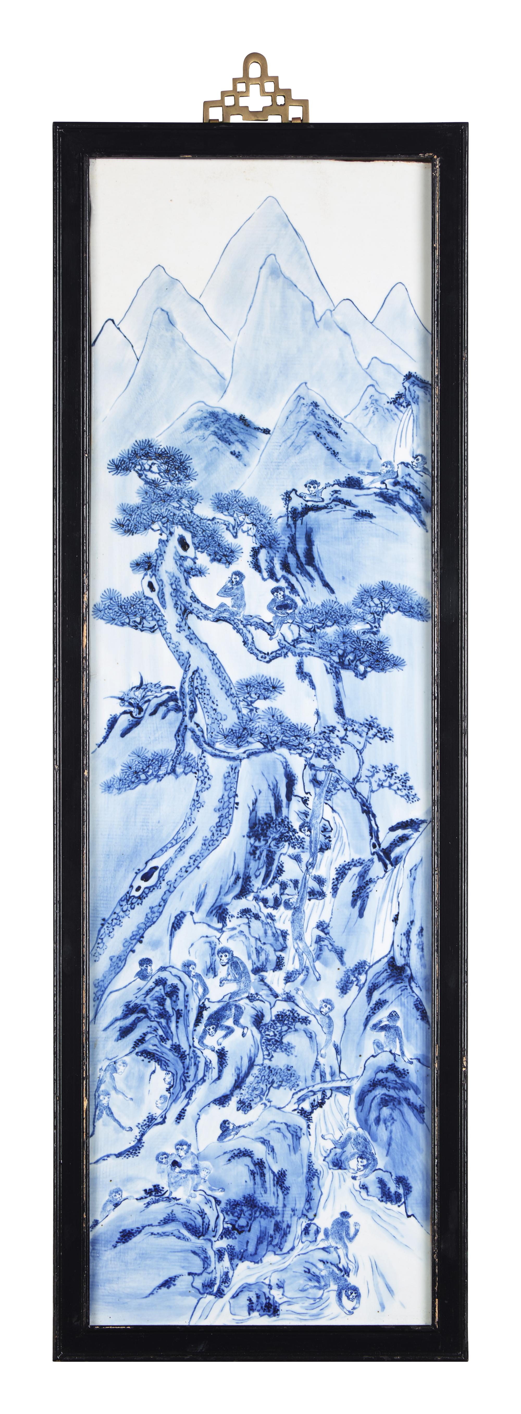 A Set of Four Chinese Blue and White Porcelain Wall Plaques 青花山水圖四條屏