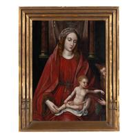 Follower of Marcellus Coffermans (Flemish, 1549-1578) — The Madonna and Child with an Angel Offering Grapes
