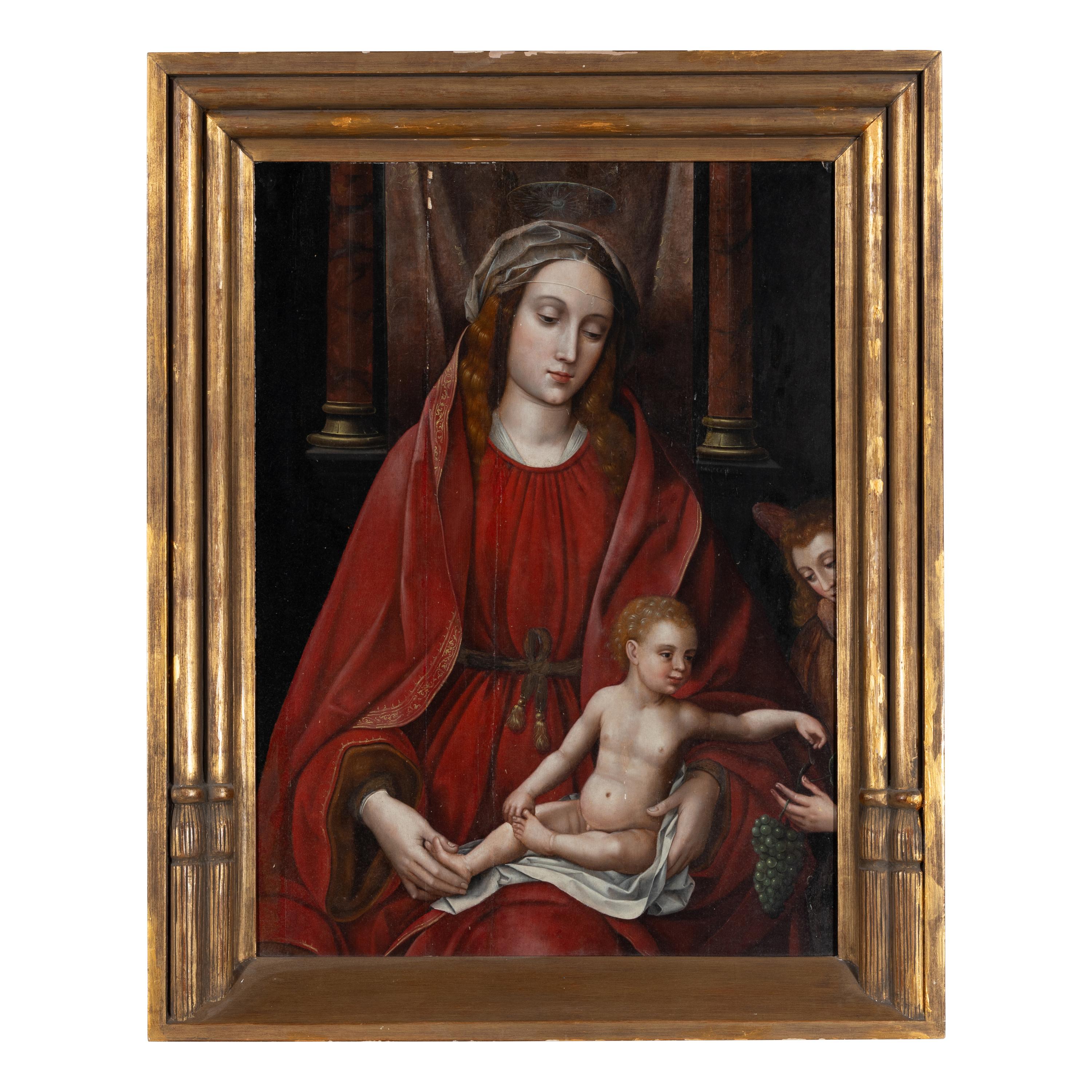 Follower of Marcellus Coffermans (Flemish, 1549-1578) — The Madonna and Child with an Angel Offering Grapes