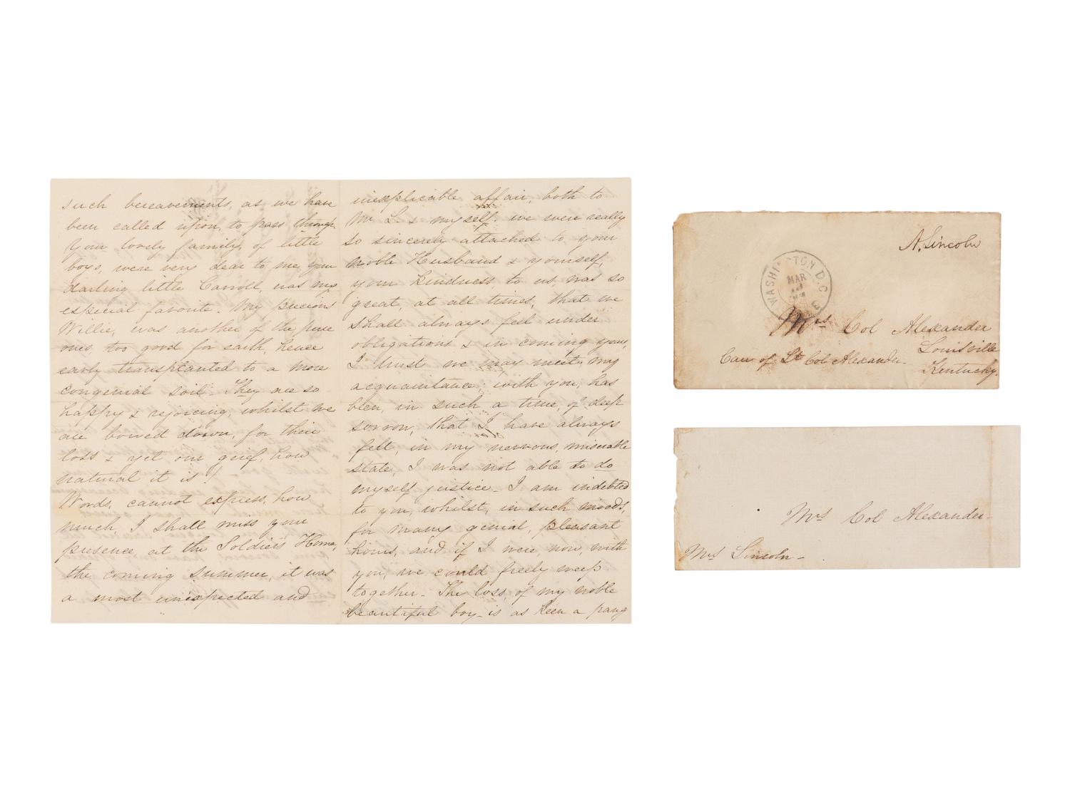 LINCOLN, Mary Todd (1818-1882). Autograph letter signed ("Mary Lincoln"), to Mrs. Sallie Rudd Alexander, with an envelope free-franked by Lincoln ("A. Lincoln"), Washington, D.C., 13 March 1864.