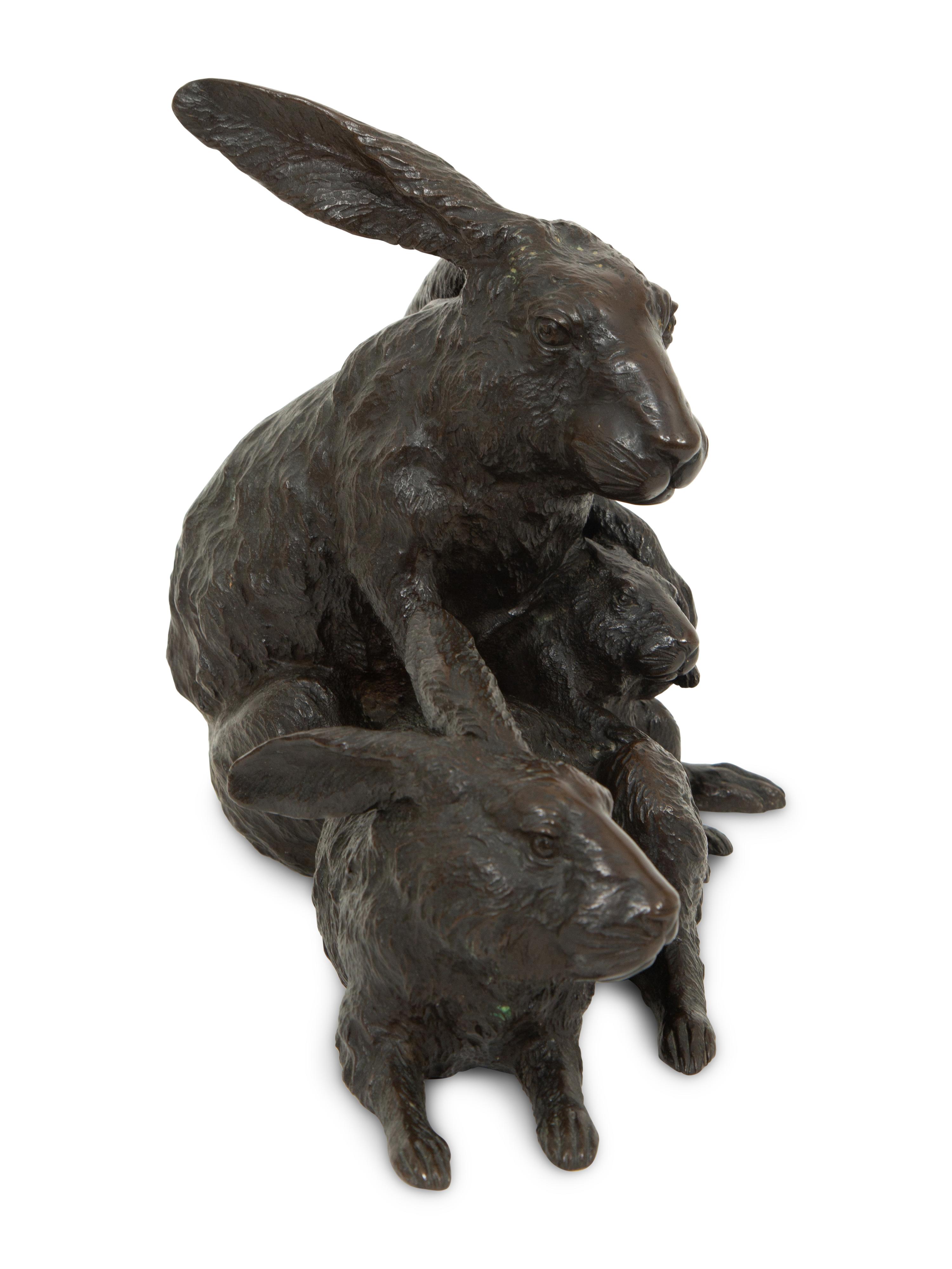 A Japanese Bronze Sculpture of Rabbits