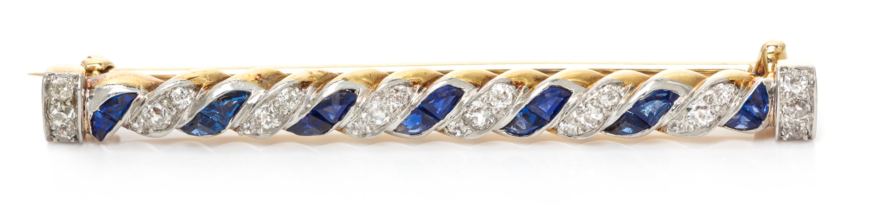 An Edwardian Platinum Topped Gold, Sapphire and Diamond Bar Brooch, 4.80 dwts.