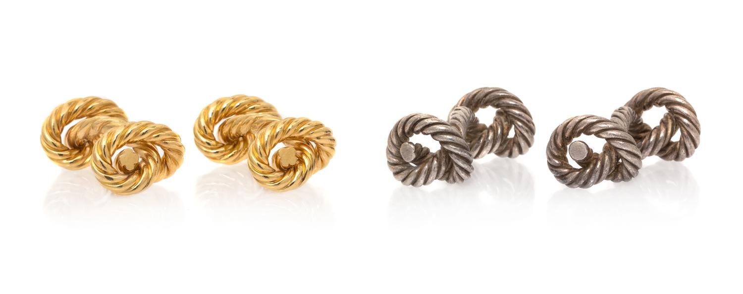 A Collection 18 Karat Yellow Gold and Sterling Silver Knot Motif Cufflinks, Hermes, 22.75 dwts.