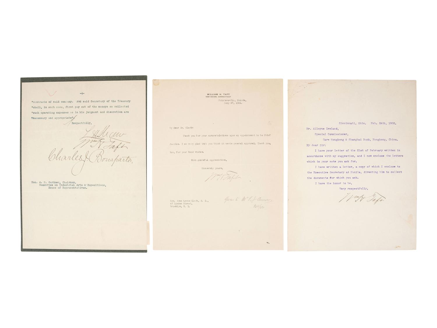 TAFT, William H. (1857-1930). Two typed letters signed ("Wm. H. Taft"), 1902 and 1921.