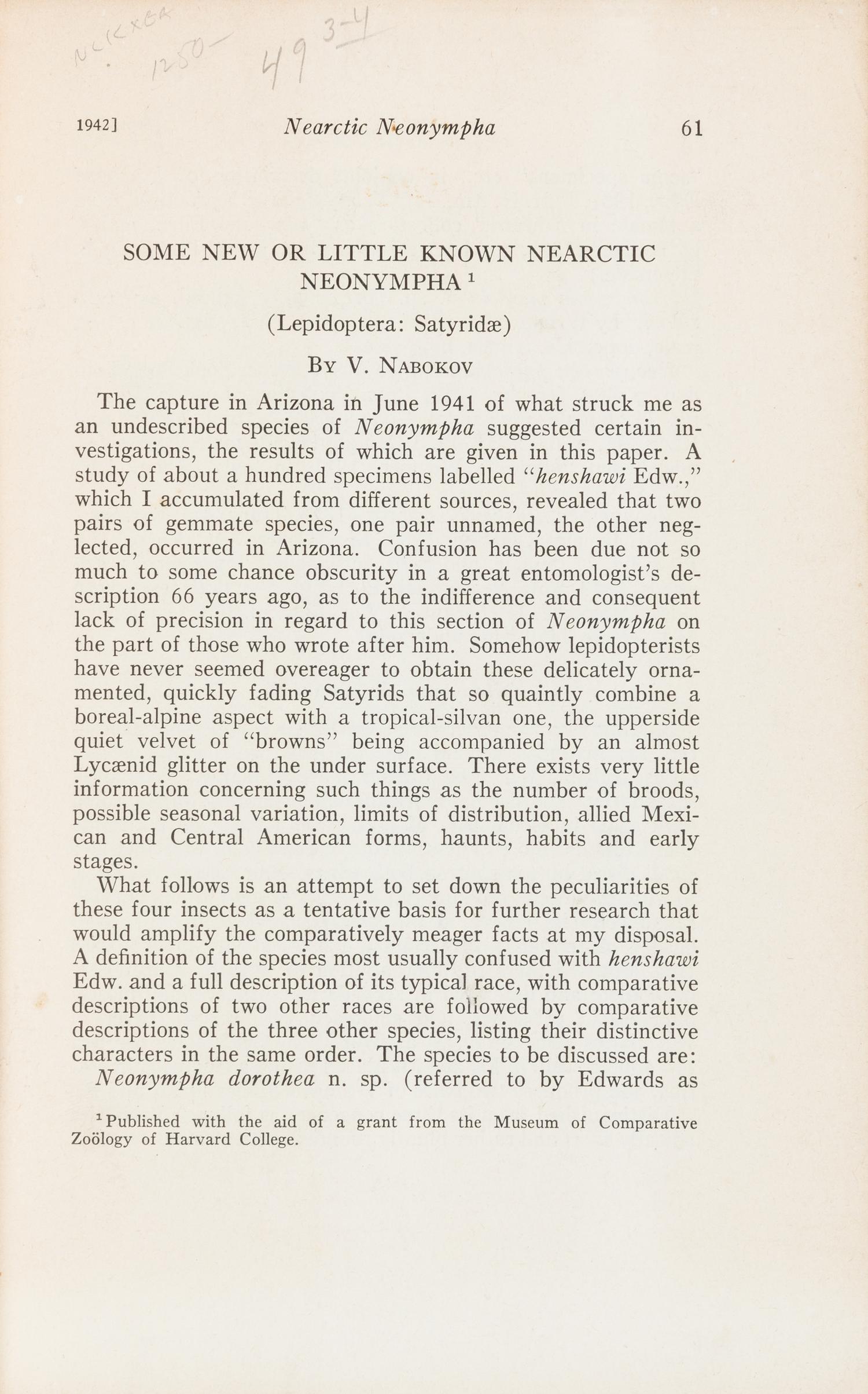 NABOKOV, Vladimir (1899-1977). "Some New or Little Known Nearctic Neonympha." Offprint from: Psyche, Vol.XLIX, Nos.3-4 (1942).
