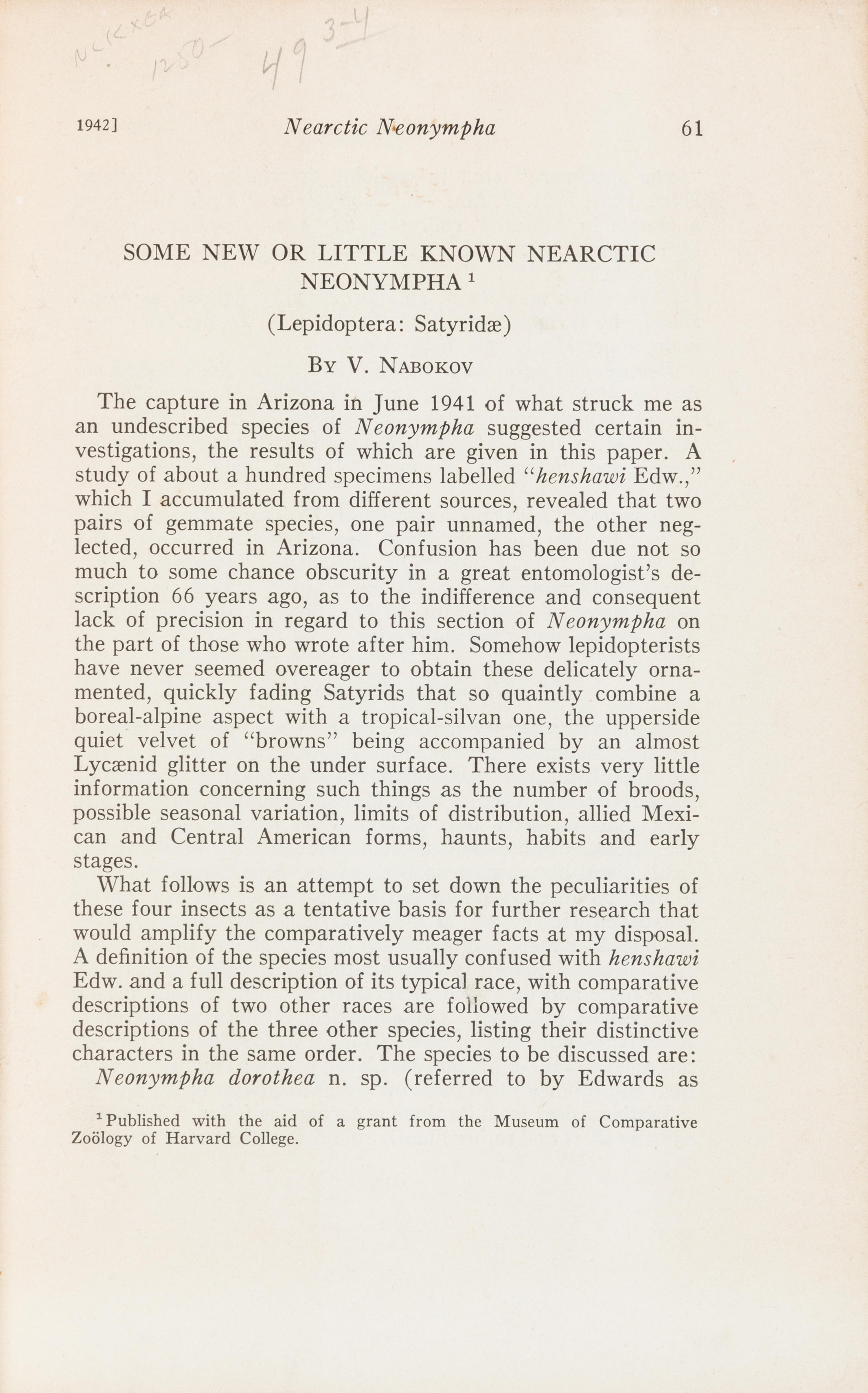 NABOKOV, Vladimir (1899-1977). "Some New or Little Known Nearctic Neonympha." Offprint from: Psyche, Vol.XLIX, Nos.3-4 (1942).