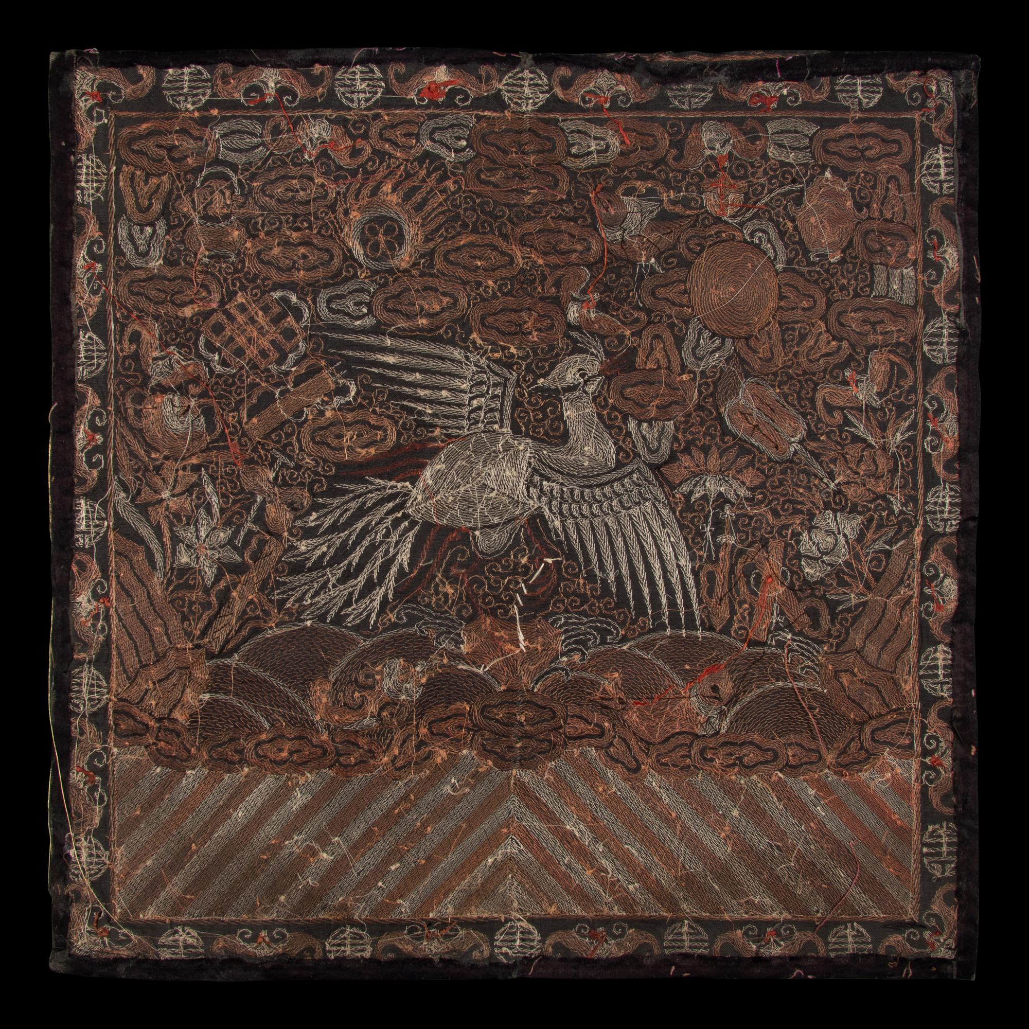 Two Chinese Embroidered Silk 'Silver Pheasant' Rank Badges, Buzi, 19th Century 清中晚期 刺綉五品文官白鹇補子兩幅