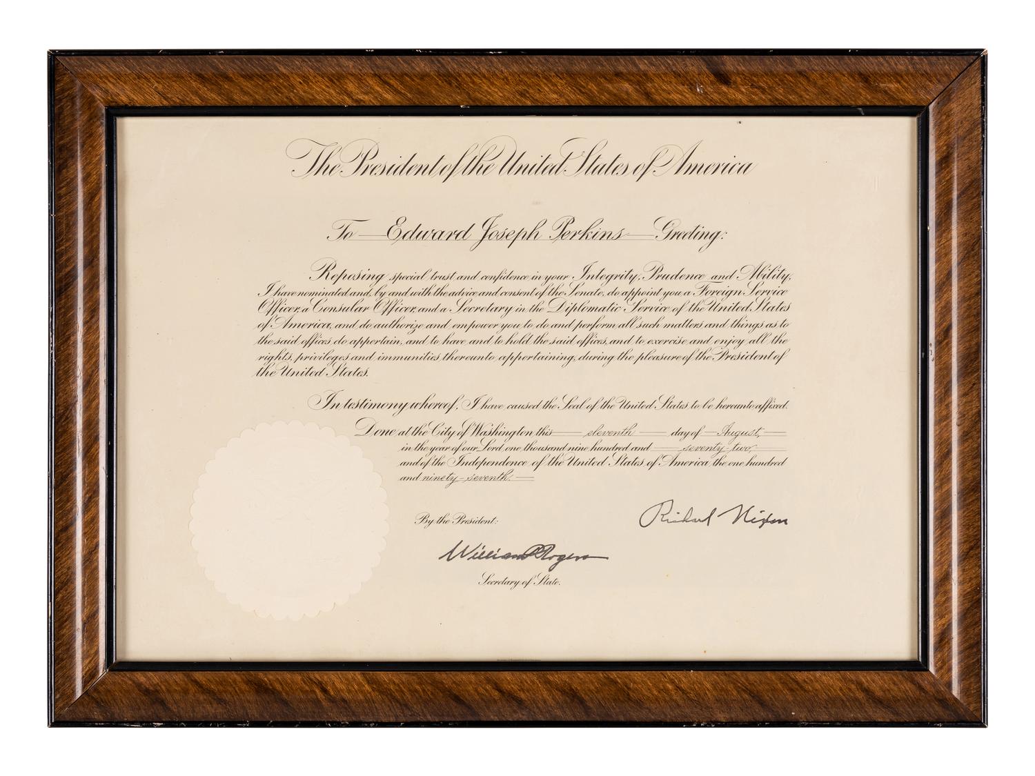 [PERKINS, Edward Joseph (1928-2020)]. A group of 9 documents or photographs by Presidents Nixon, Reagan, or Bush to Perkins, presumably with secretarial or facsimile signatures, including: