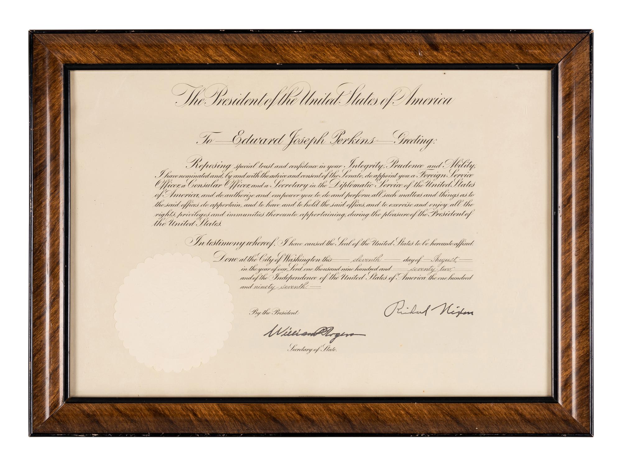 [PERKINS, Edward Joseph (1928-2020)]. A group of 9 documents or photographs by Presidents Nixon, Reagan, or Bush to Perkins, presumably with secretarial or facsimile signatures, including: