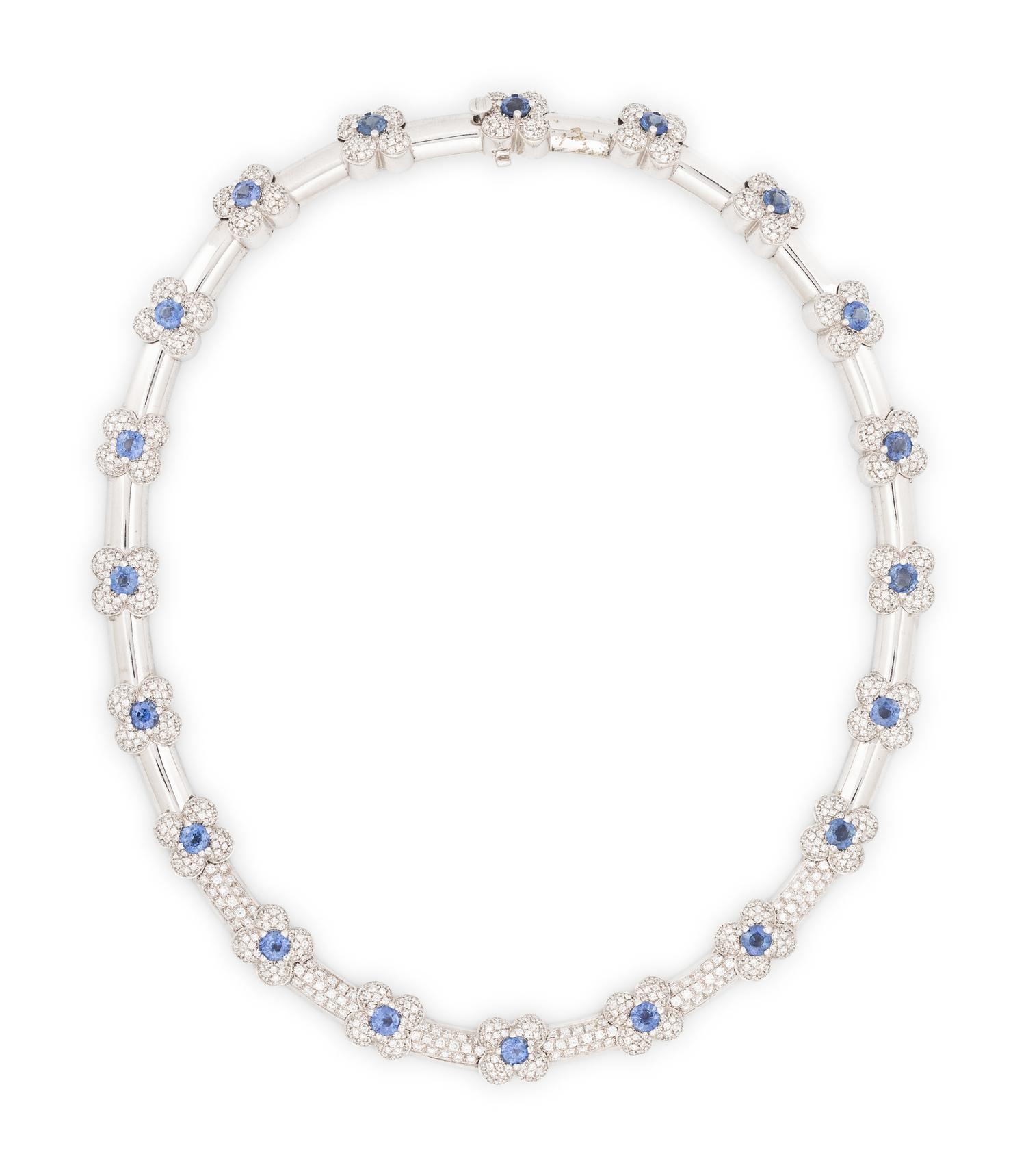 WHITE GOLD, DIAMOND, AND SAPPHIRE NECKLACE
