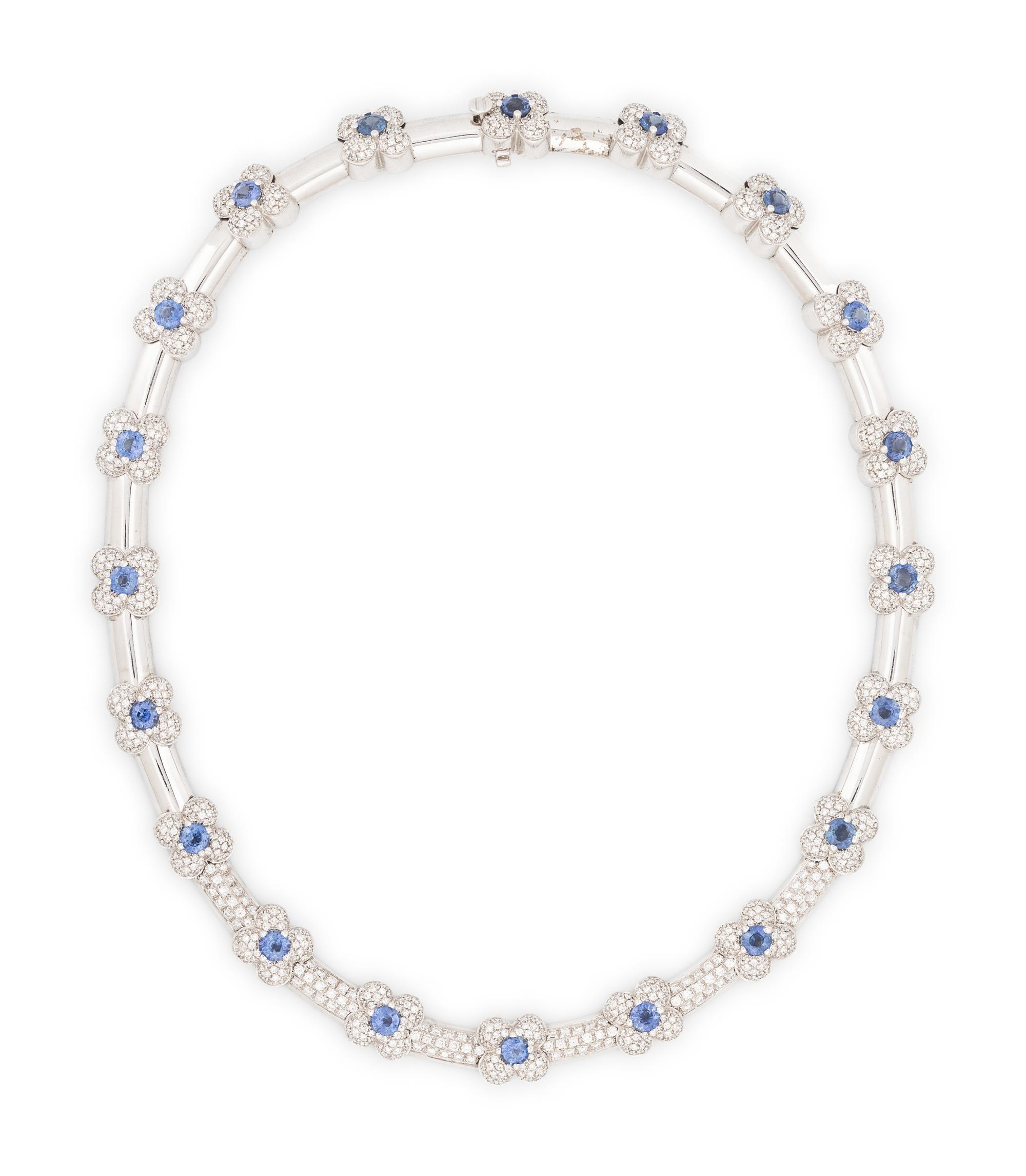 WHITE GOLD, DIAMOND, AND SAPPHIRE NECKLACE
