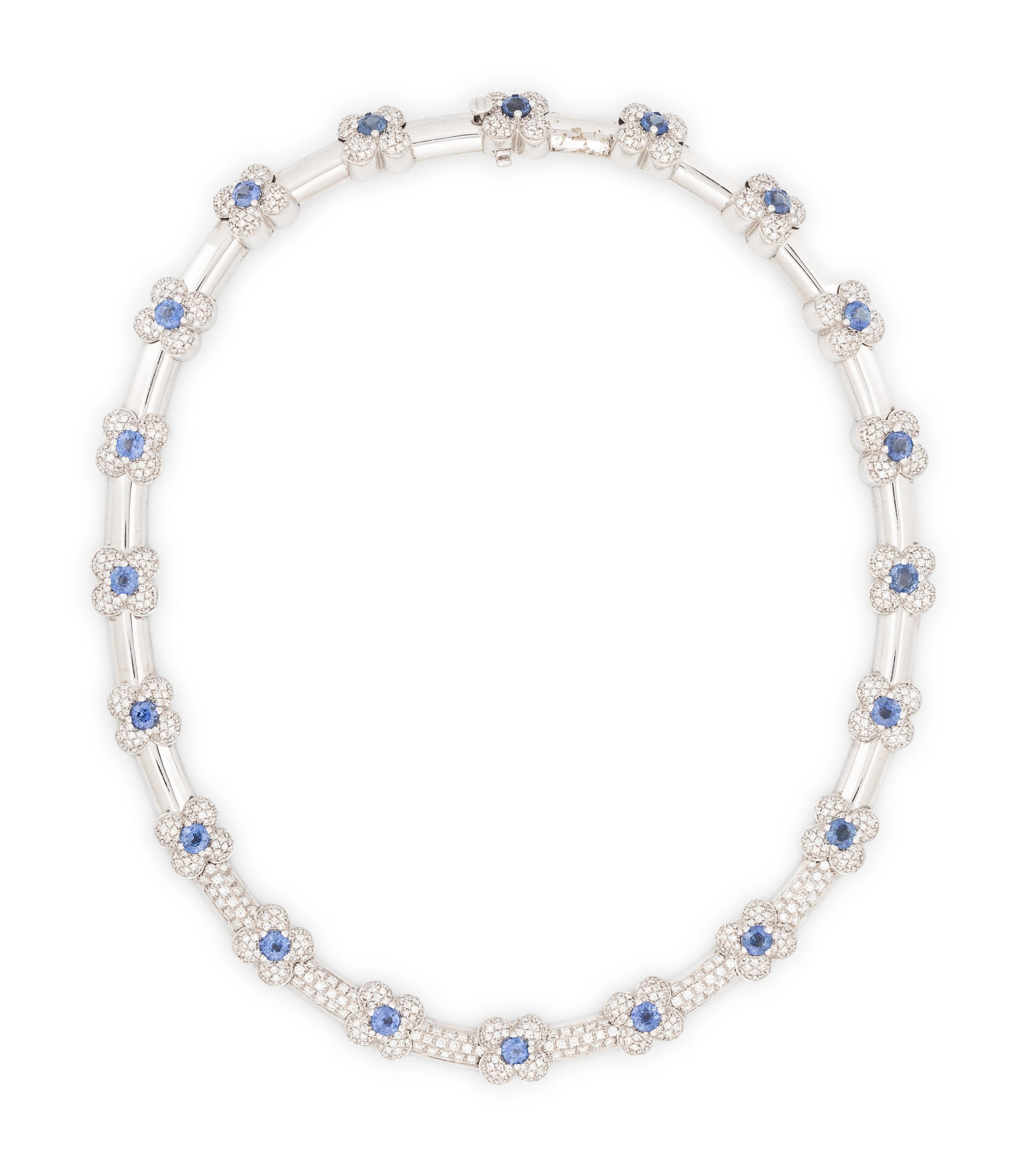 WHITE GOLD, DIAMOND, AND SAPPHIRE NECKLACE