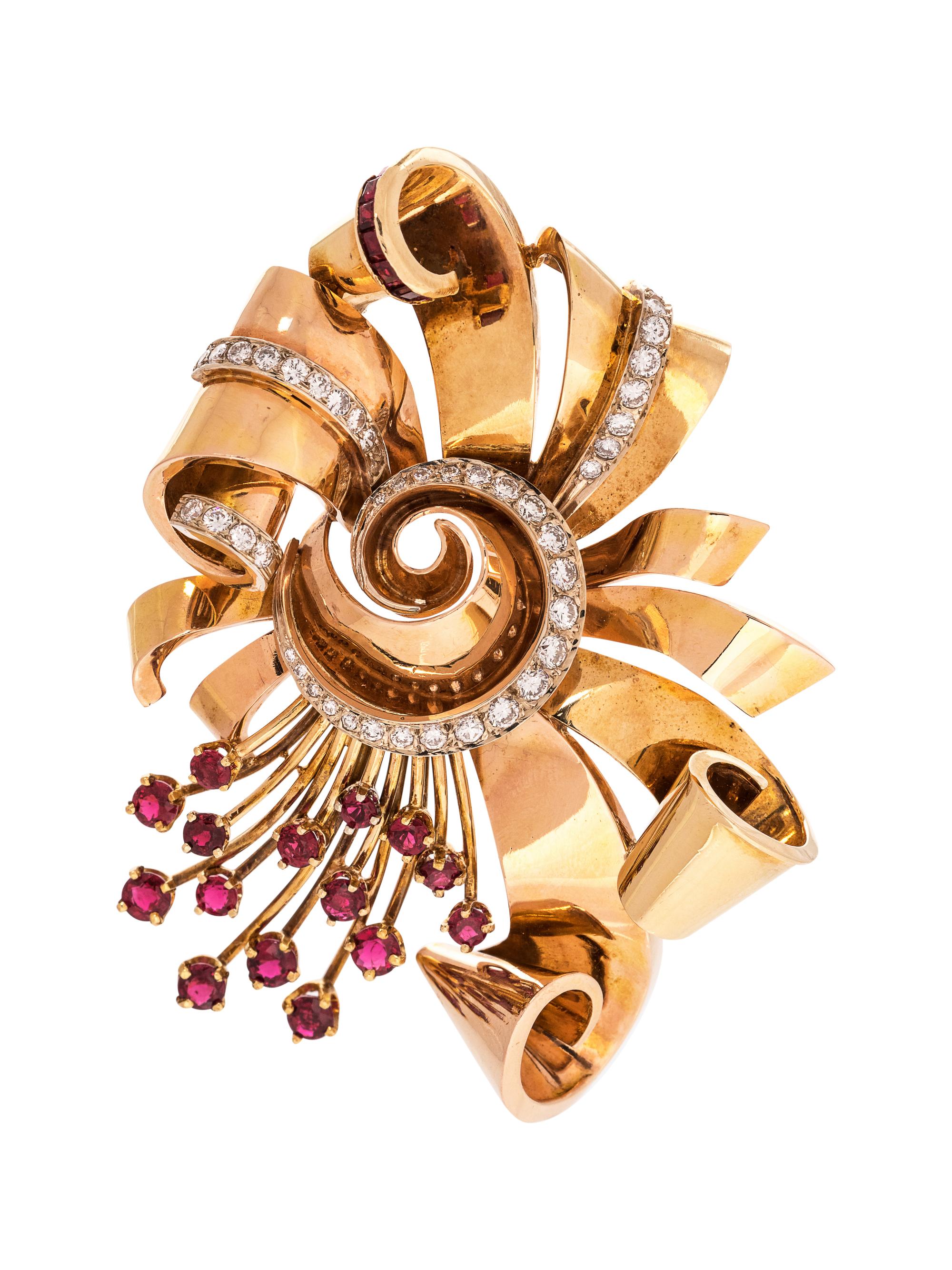 RETRO, ROSE GOLD, DIAMOND AND RUBY BROOCH