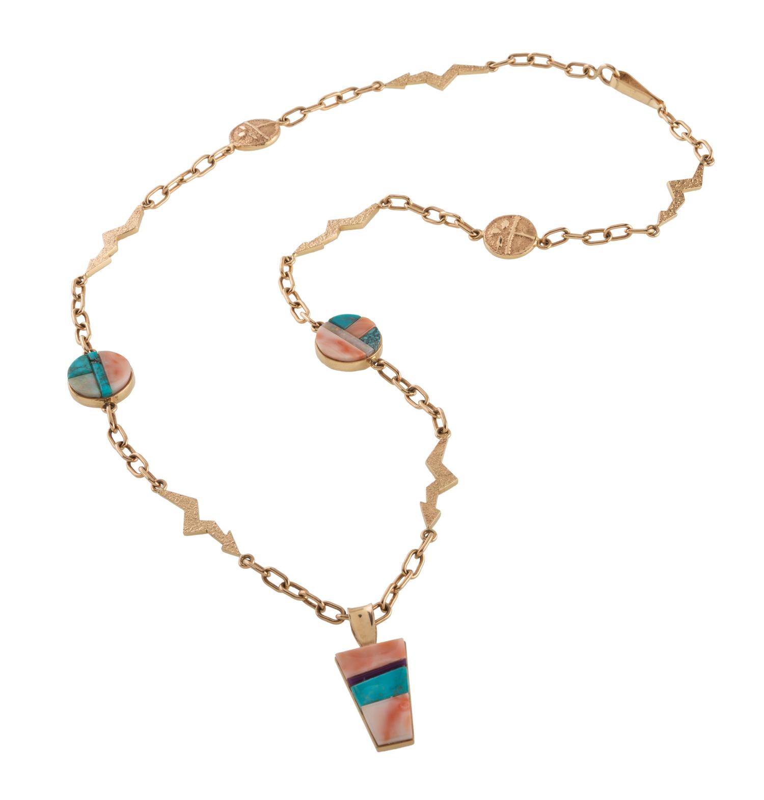 14k Gold Tufa Cast Necklace, with Turquoise, Coral, Opal, and Sugilite Lot is located and will ship from Denver, Colorado.