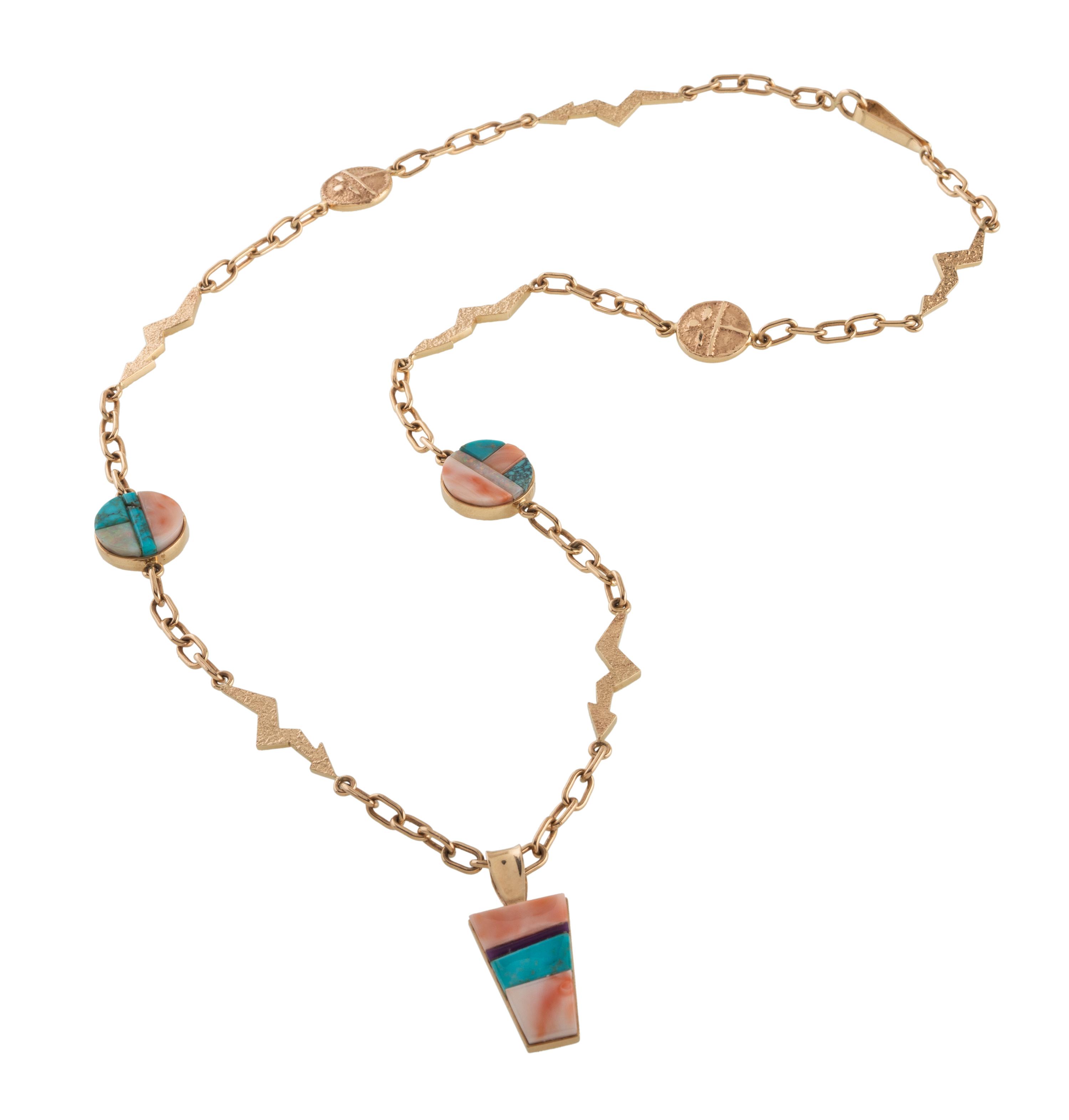 14k Gold Tufa Cast Necklace, with Turquoise, Coral, Opal, and Sugilite Lot is located and will ship from Denver, Colorado.
