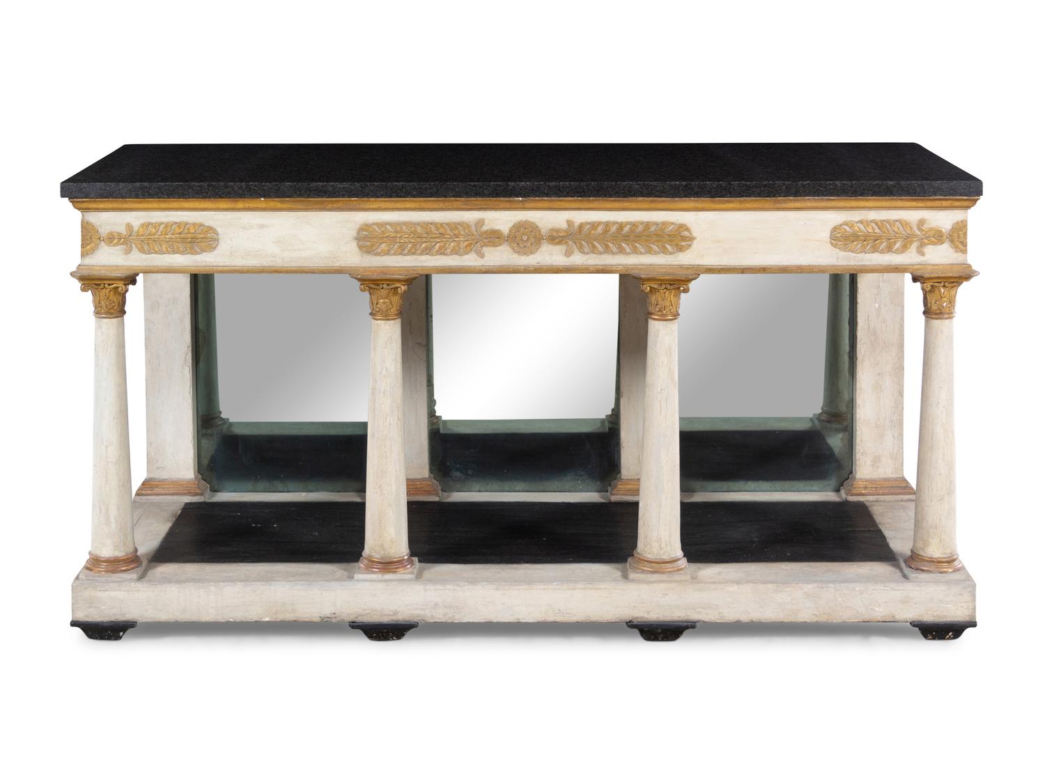 An Italian Neoclassical Painted and Parcel Gilt Marble-Top Console Table