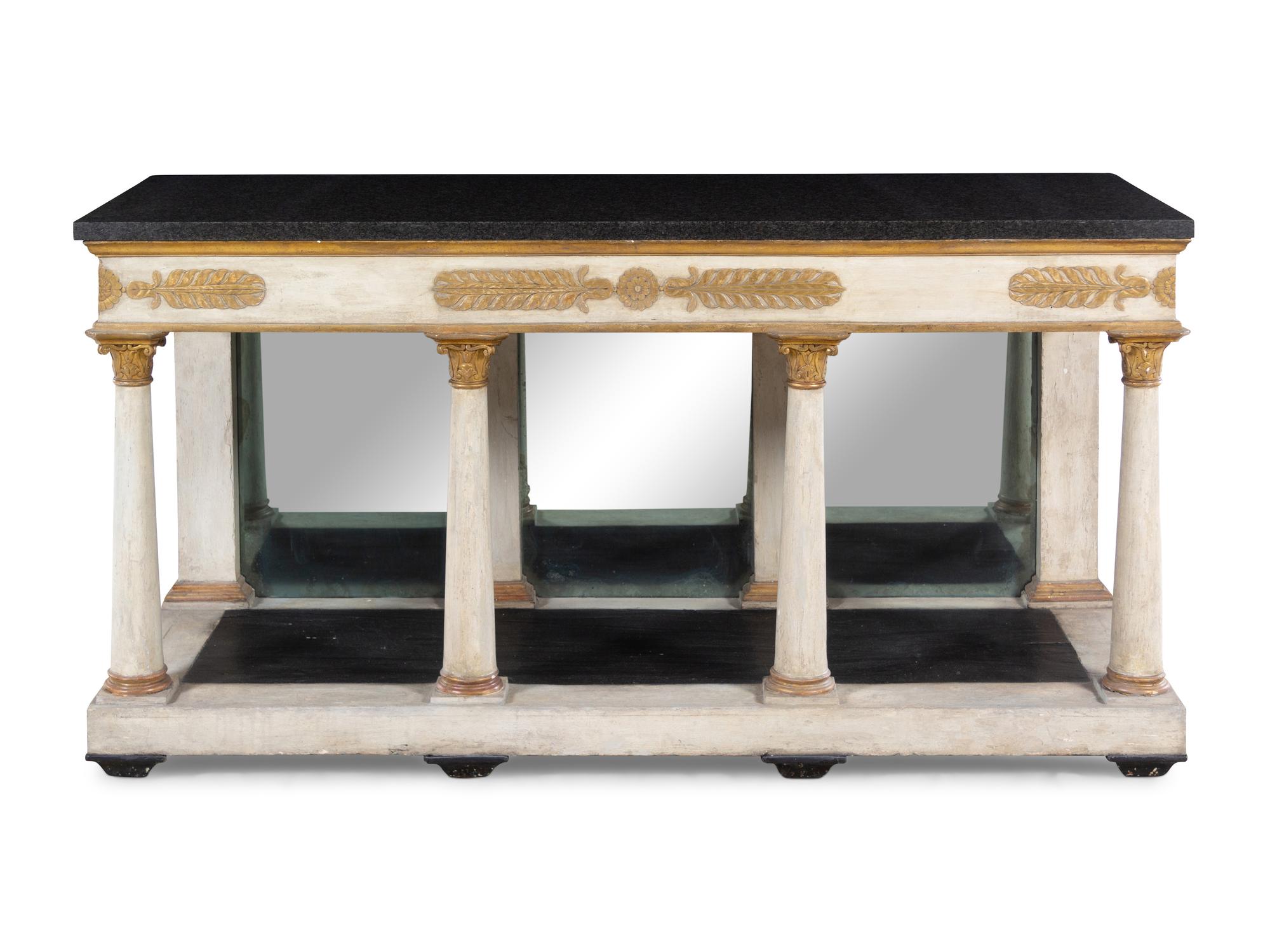 An Italian Neoclassical Painted and Parcel Gilt Marble-Top Console Table