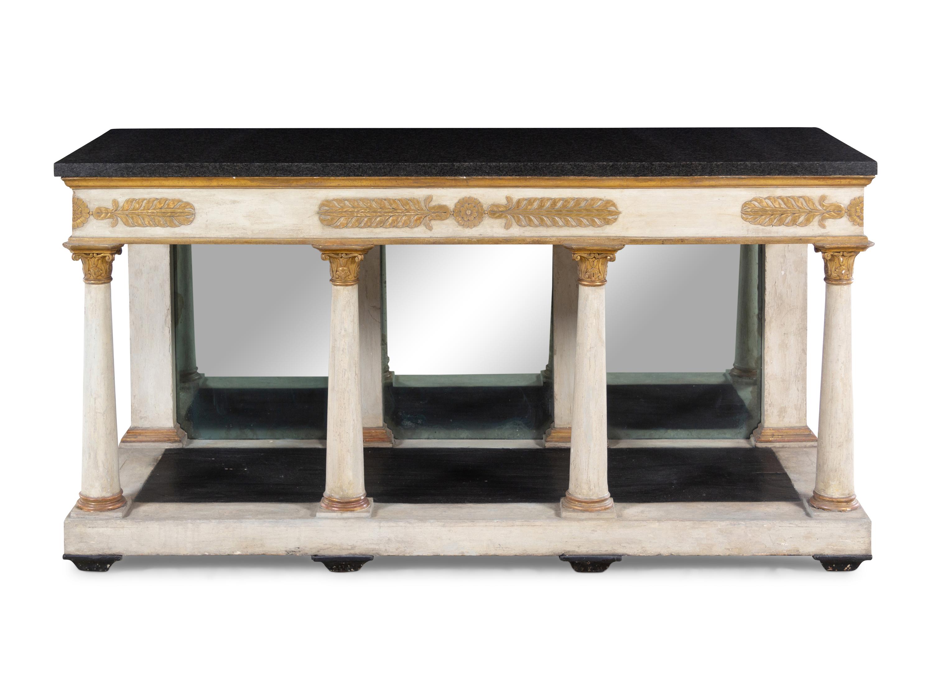 An Italian Neoclassical Painted and Parcel Gilt Marble-Top Console Table