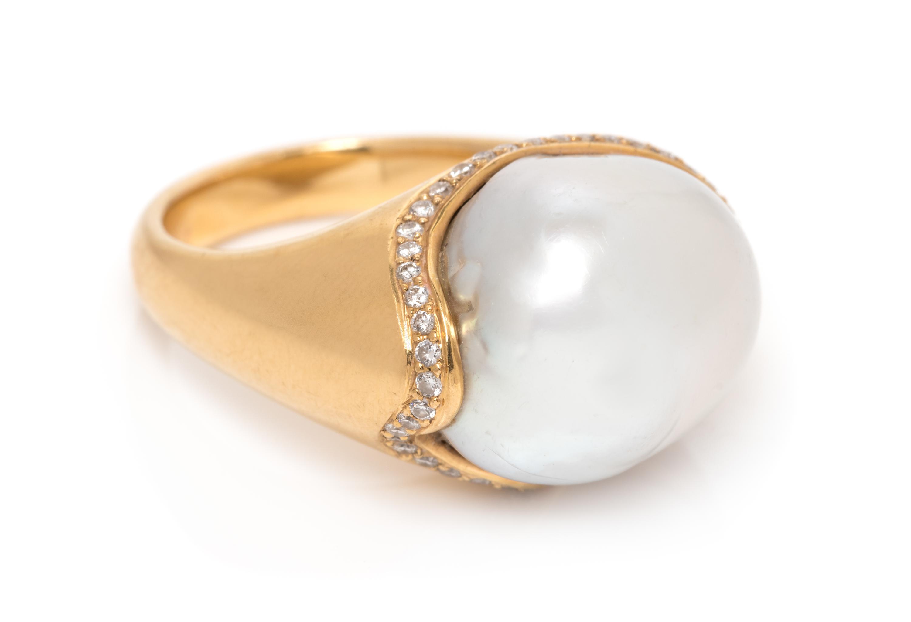An 18 Karat Yellow Gold, Baroque Cultured Pearl and Diamond Ring, 9.85 dwts.