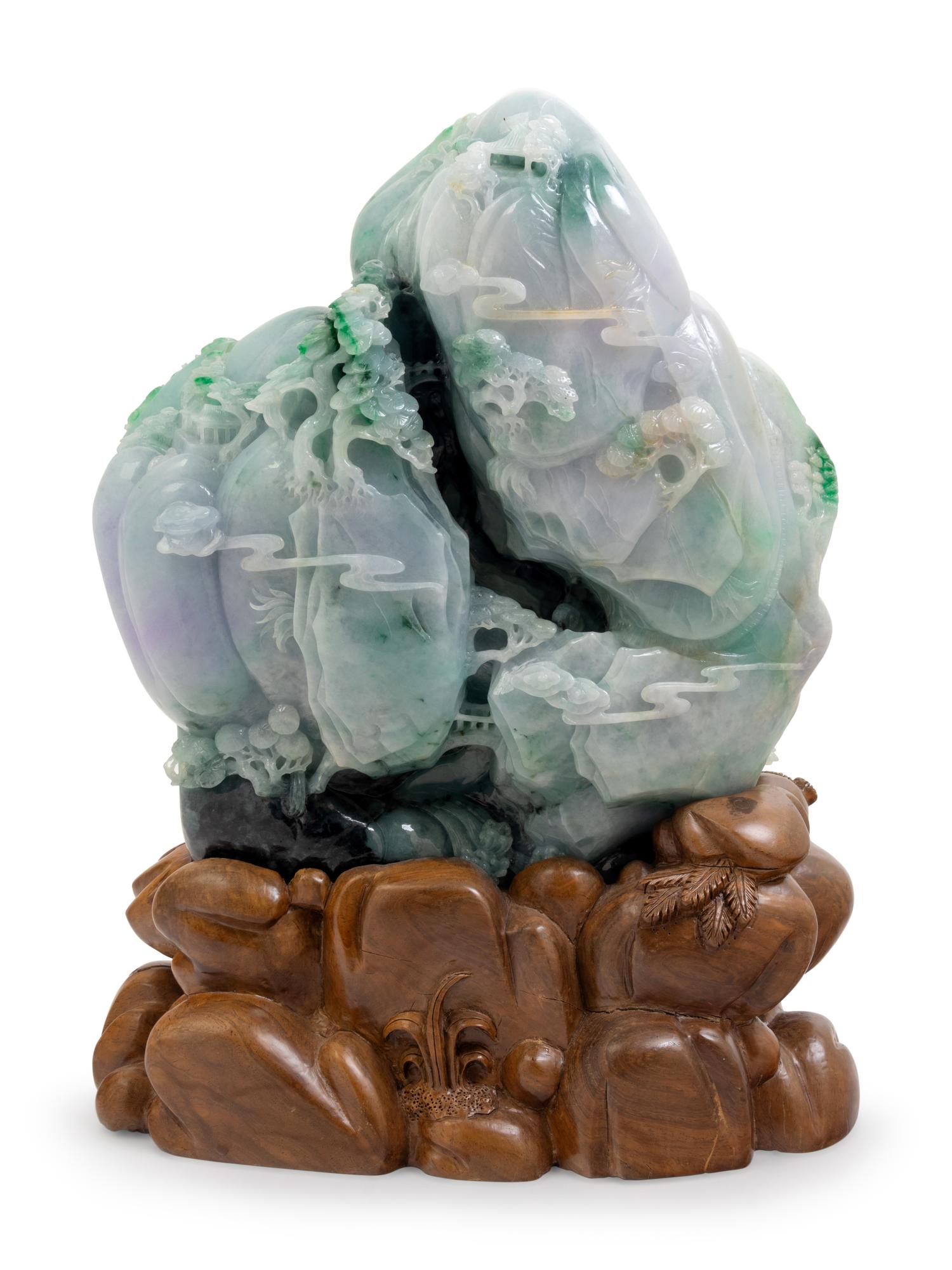 A Large Chinese Export Carved Lavender and Green Jadeite Mountain