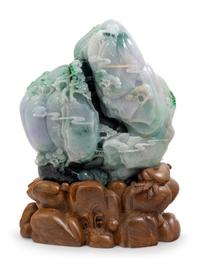 A Large Chinese Export Carved Lavender and Green Jadeite Mountain