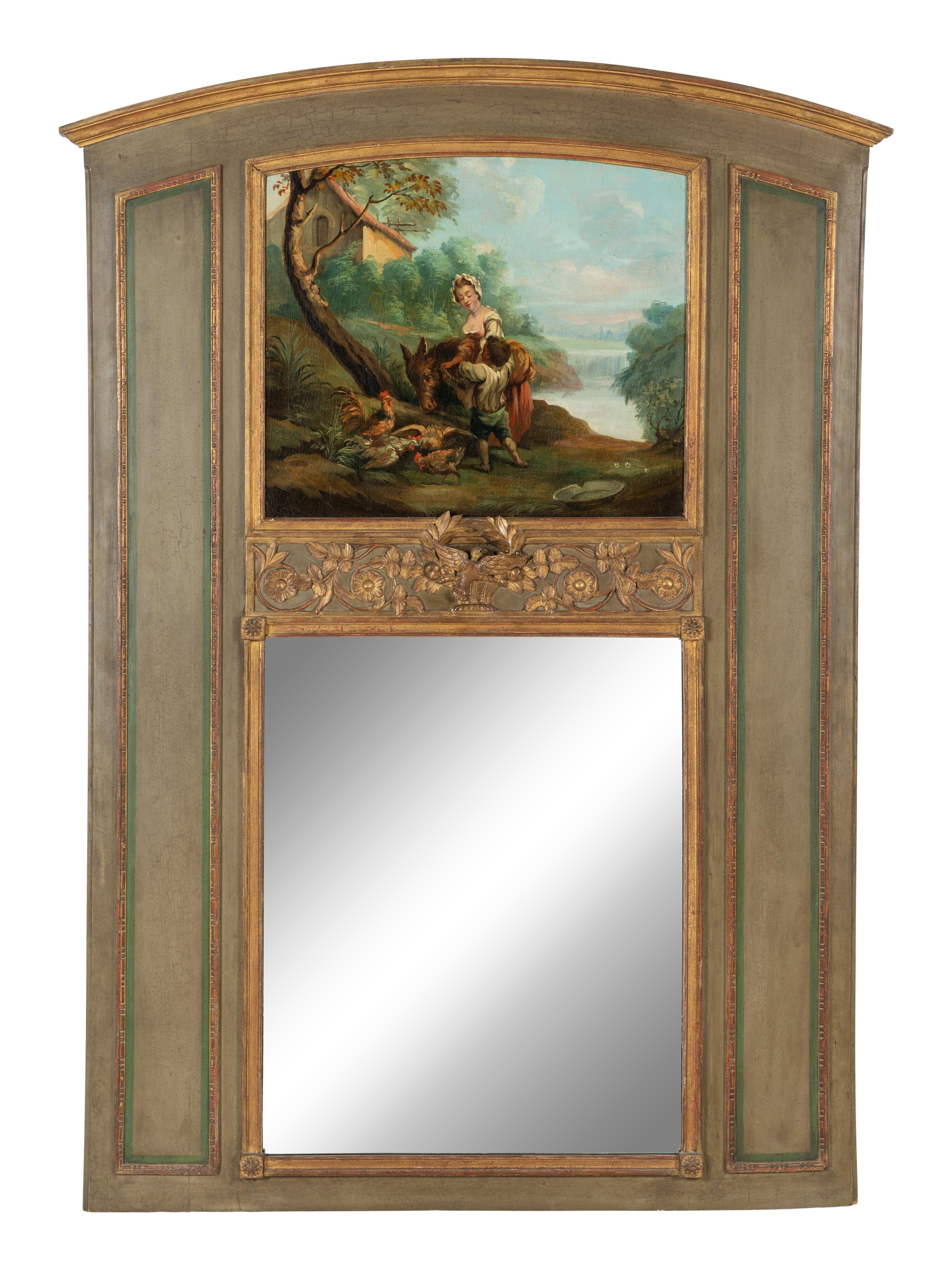 A French Painted and Parcel Gilt Trumeau Mirror