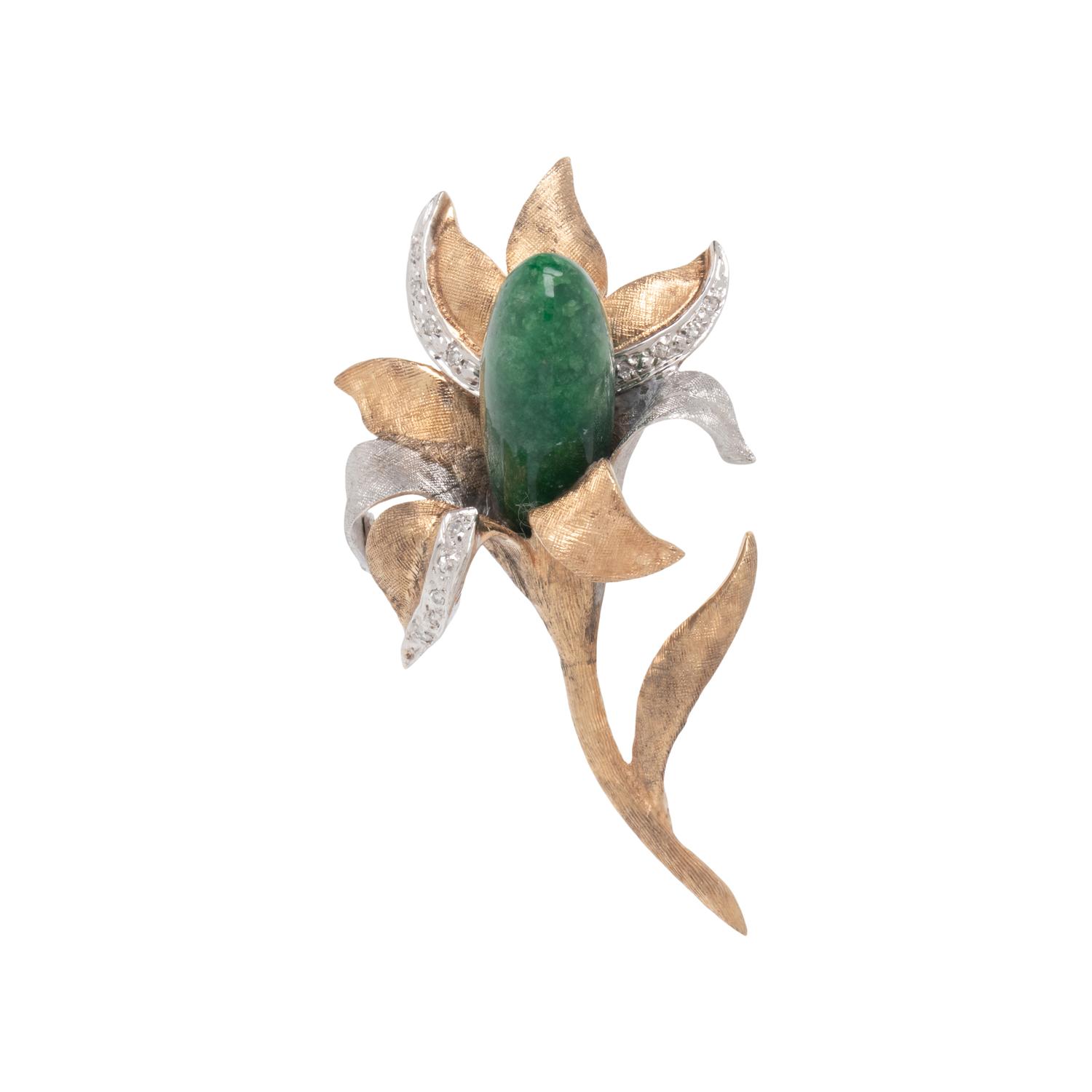 BICOLOR GOLD, JADE, AND DIAMOND FLOWER BROOCH